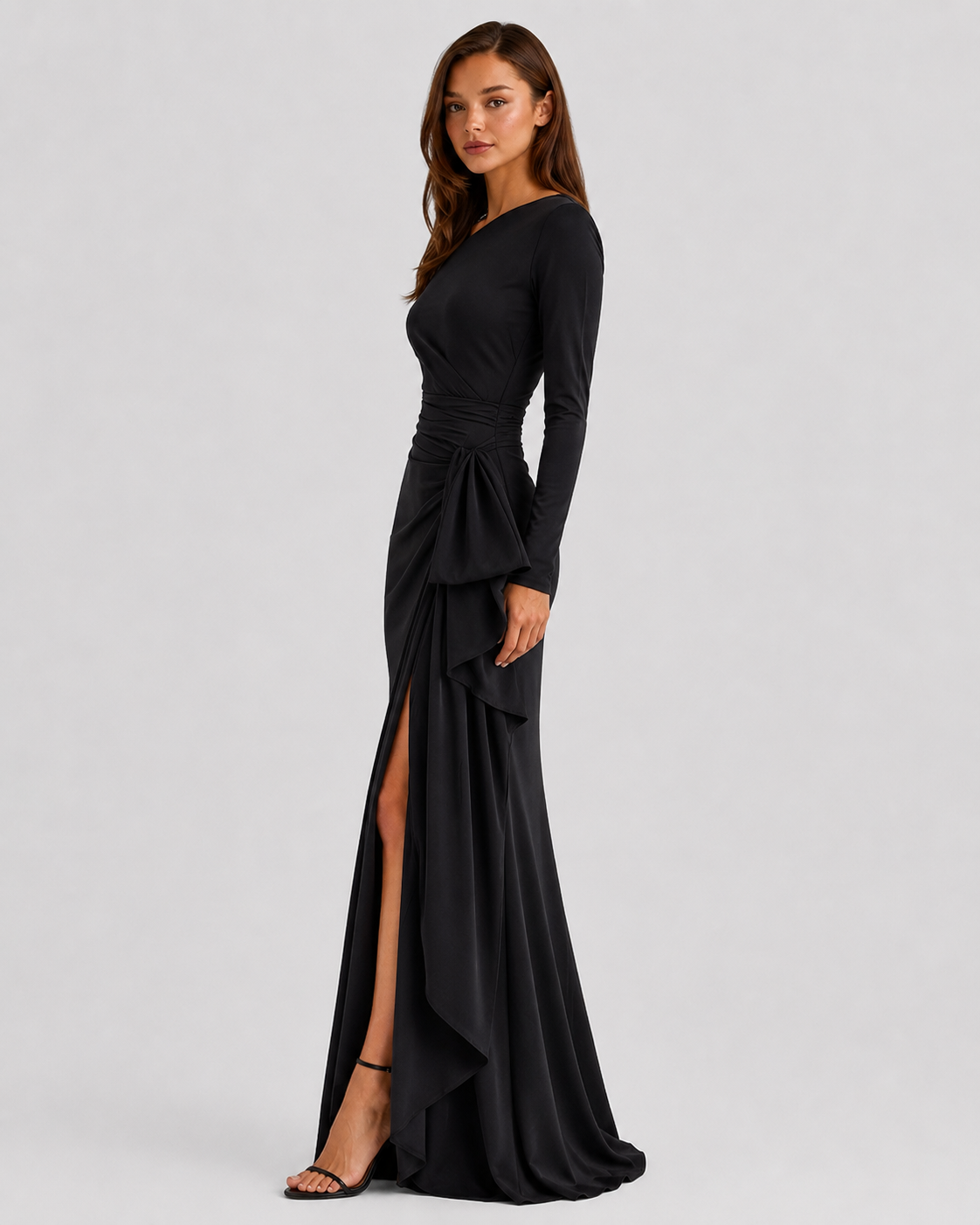 Women's one-shoulder maxi gown with draped wrap bodice, defined waist detail, flowing satin-look fabric, and elegant side slit, ideal for evening wear, weddings, and formal occasions.