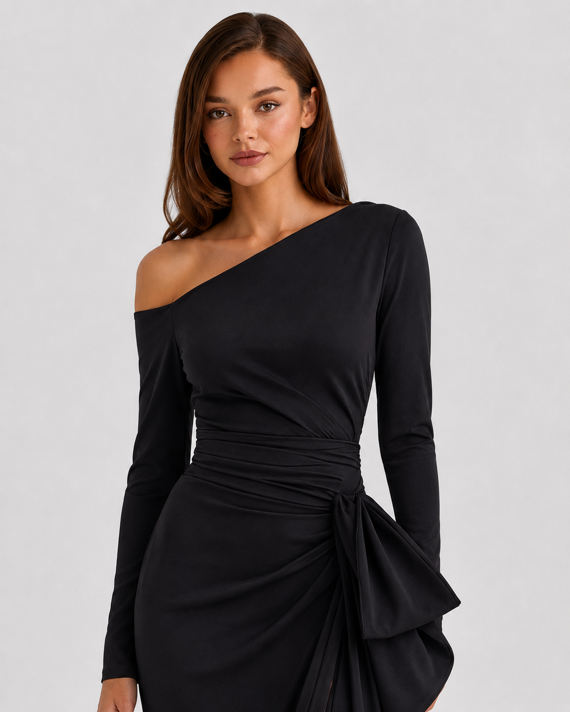 Women's one-shoulder maxi gown with draped wrap bodice, defined waist detail, flowing satin-look fabric, and elegant side slit, ideal for evening wear, weddings, and formal occasions.