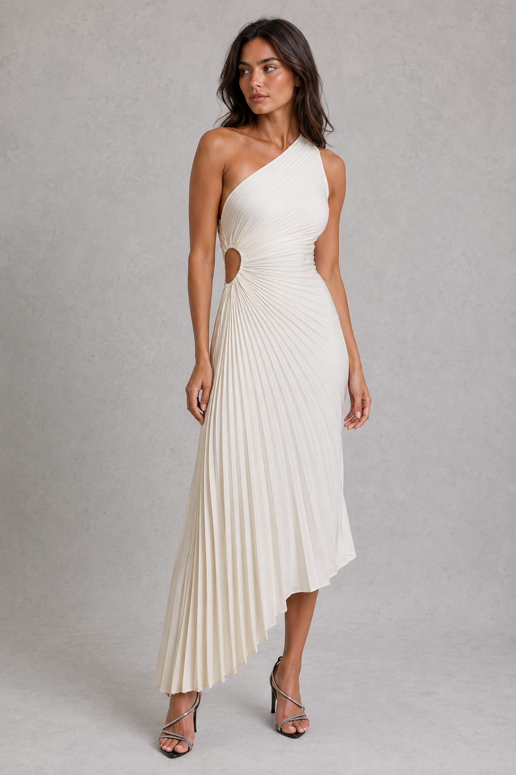 Women’s one-shoulder pleated midi dress with a fitted bodice, flowing midi-length skirt, soft pleated detailing, and elegant silhouette for weddings, cocktail parties, galas, and special occasions.