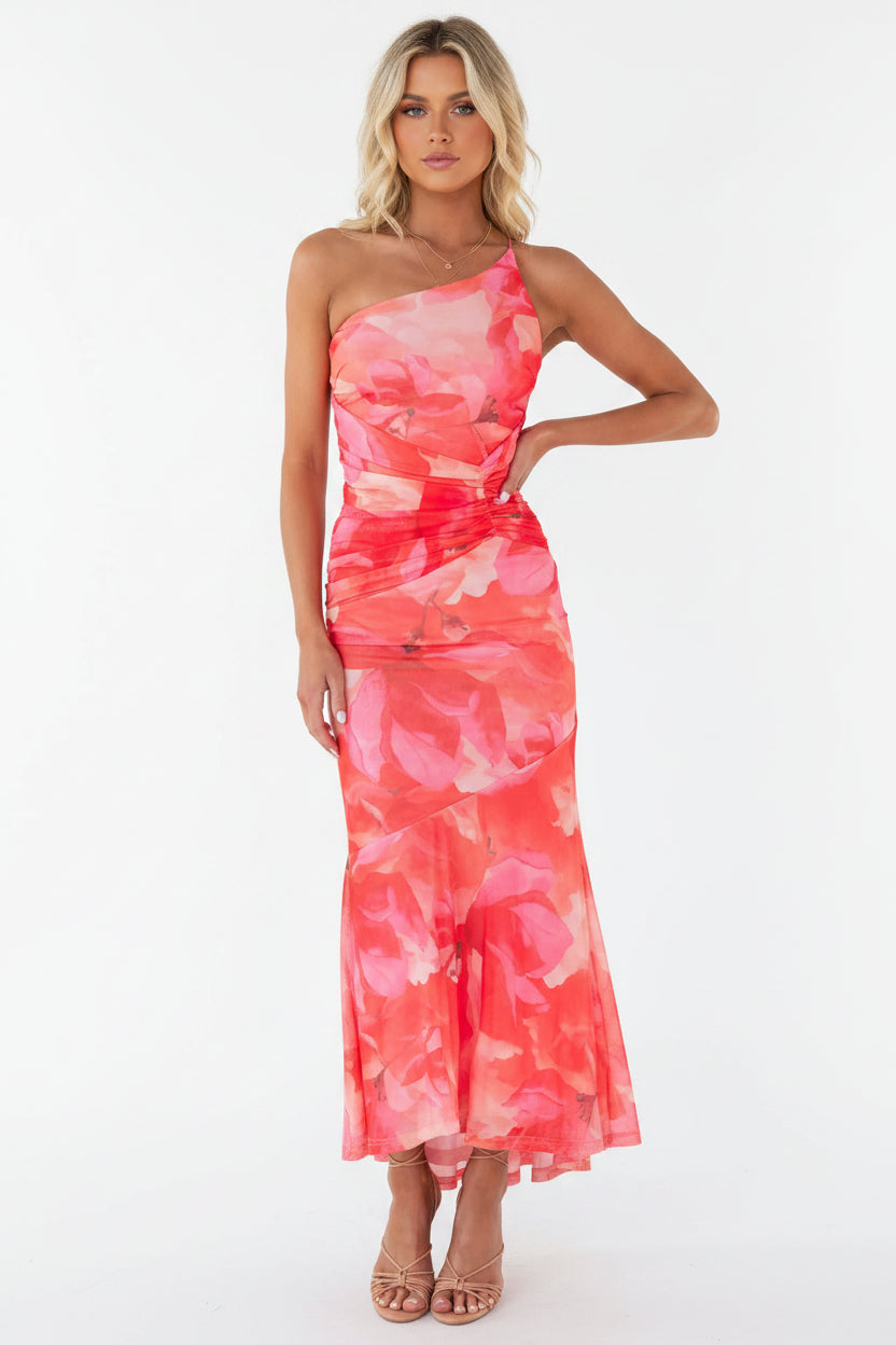 Women’s one shoulder pleated summer dress with asymmetric hem and print