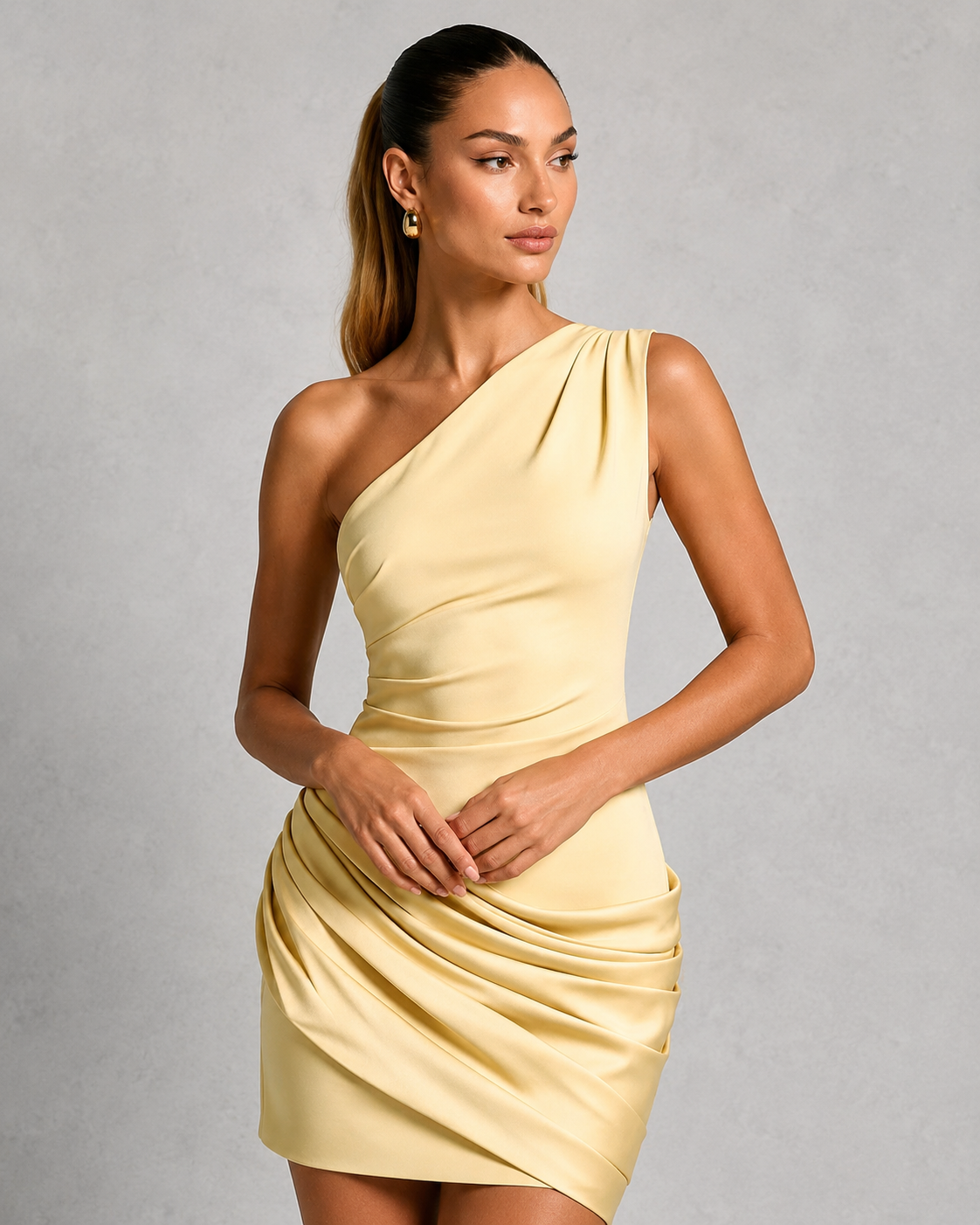 Women's one shoulder ruched mini dress with a fitted stretch silhouette, asymmetrical neckline, and flattering draped detailing, perfect for cocktail parties, wedding guests, and special occasions.