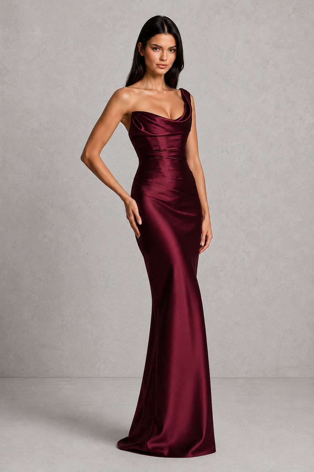 Woman wearing a one-shoulder satin maxi dress featuring a pleated cowl neckline, structured corset bodice with boning, asymmetrical draping, adjustable lace-up back, and a flowing bias-cut skirt, ideal for formal events, evening occasions, and special celebrations.
