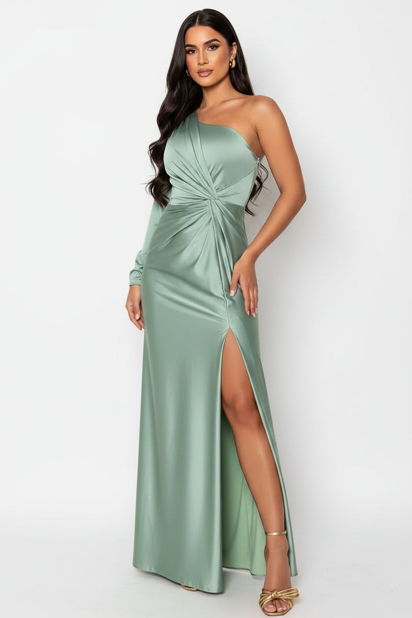Women’s one-shoulder satin dress with flowing skirt and side slit