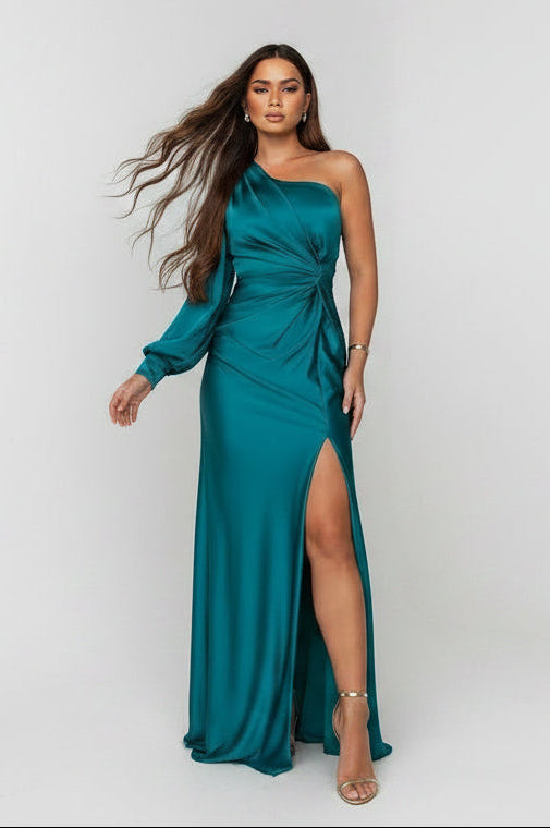 Women’s one-shoulder satin dress with flowing skirt and side slit
