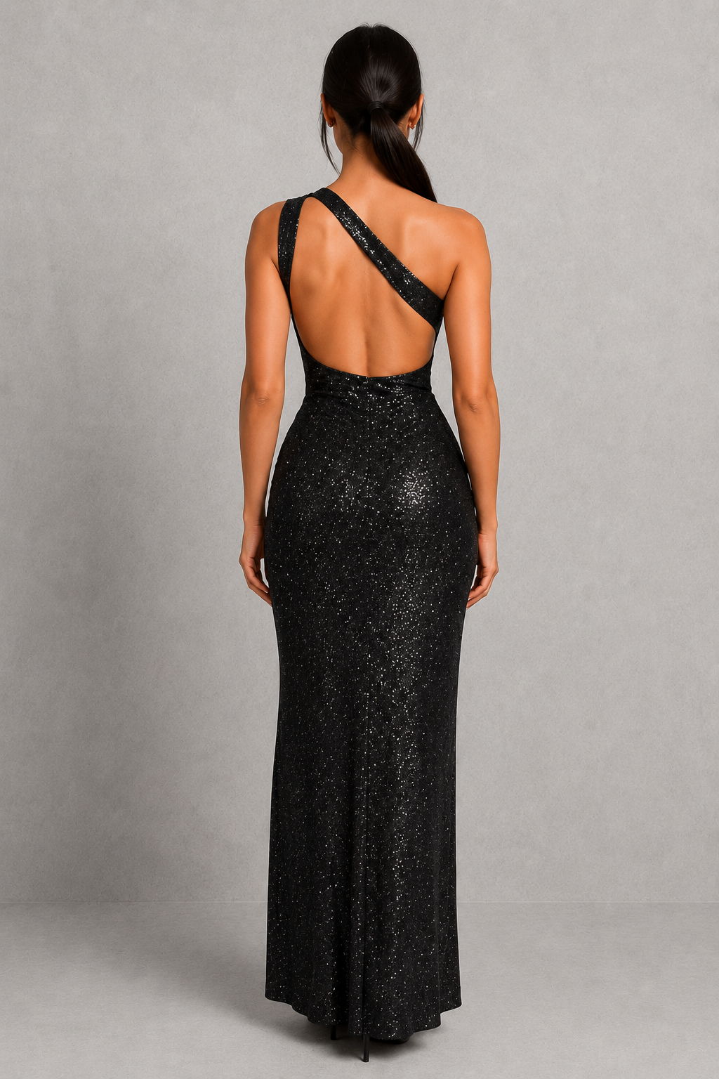 Women's one shoulder sparkle maxi dress with a shimmering stretch mesh finish, ruched waist, backless design, and thigh-high split, creating a figure-contouring silhouette for evening events, galas, and formal occasions.