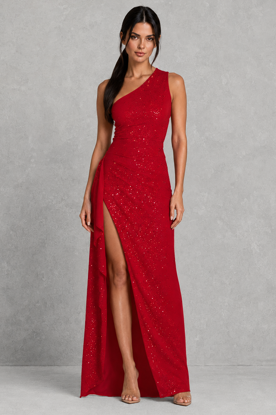 Women's one shoulder sparkle maxi dress with a shimmering stretch mesh finish, ruched waist, backless design, and thigh-high split, creating a figure-contouring silhouette for evening events, galas, and formal occasions.