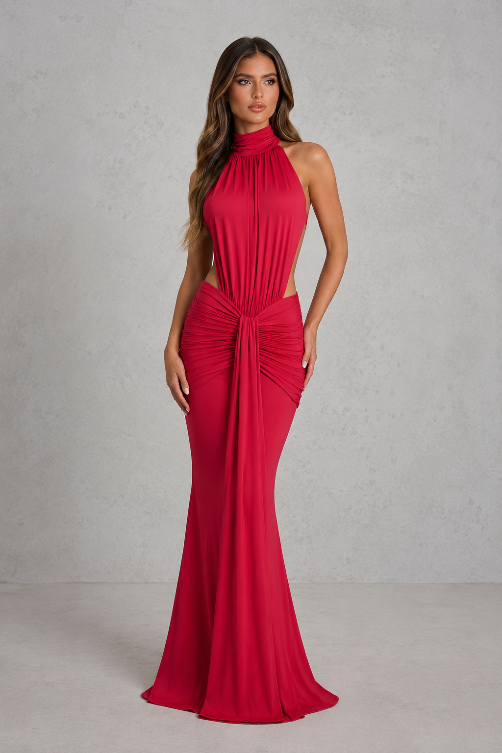 Women's open back mermaid maxi dress in smooth stretch fabric featuring a high neckline, fitted ruched silhouette, dramatic open back, and flowing mermaid skirt for evening and formal occasions.