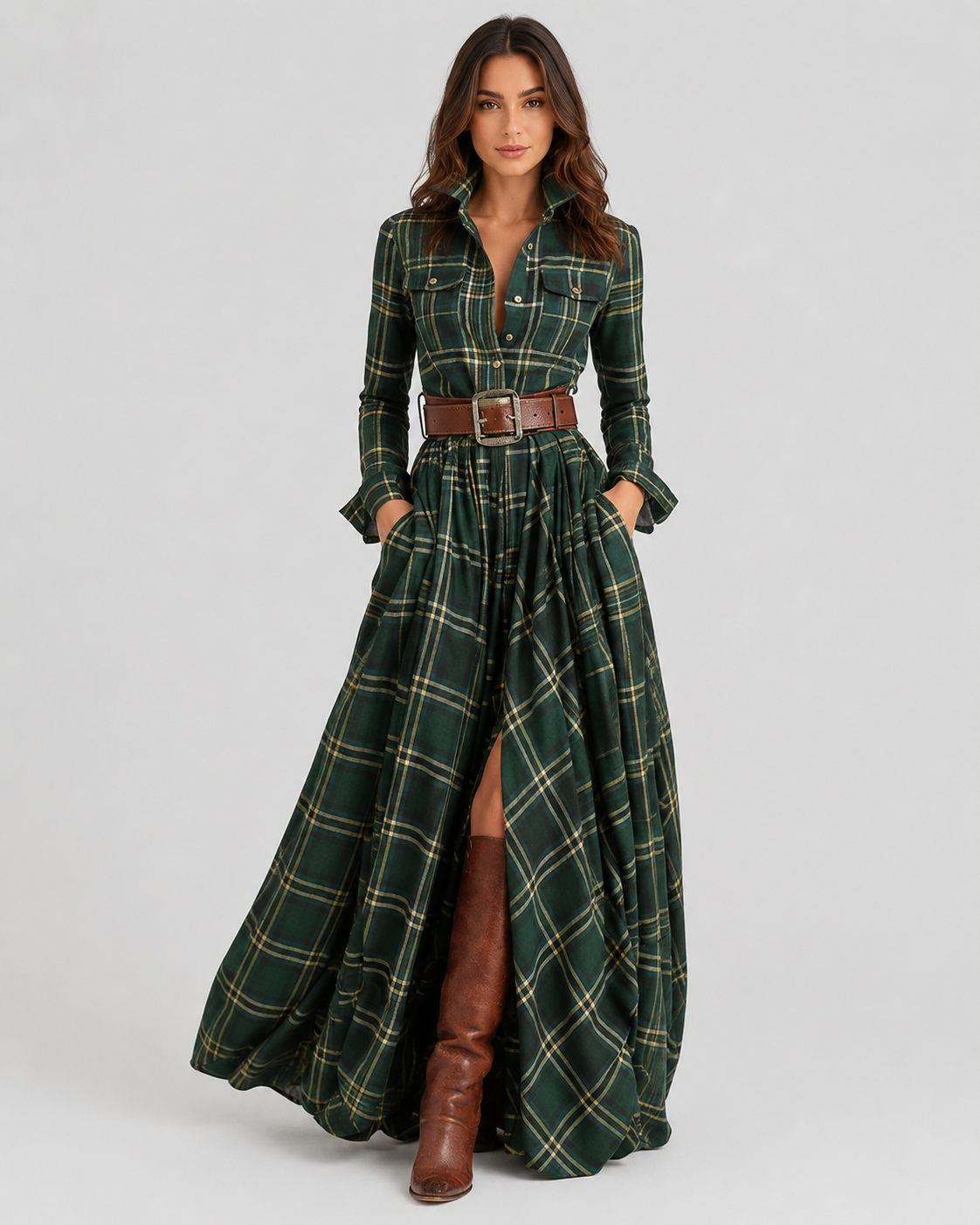 Womenโs Plaid Belted Shirt Maxi Dress by Klyne Studios featuring a button-front shirt design, adjustable belted waist, long maxi length, and relaxed fit in a soft plaid cotton-polyester blend.