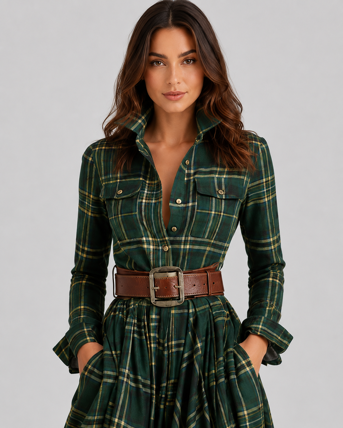 Womenโs Plaid Belted Shirt Maxi Dress by Klyne Studios featuring a button-front shirt design, adjustable belted waist, long maxi length, and relaxed fit in a soft plaid cotton-polyester blend.