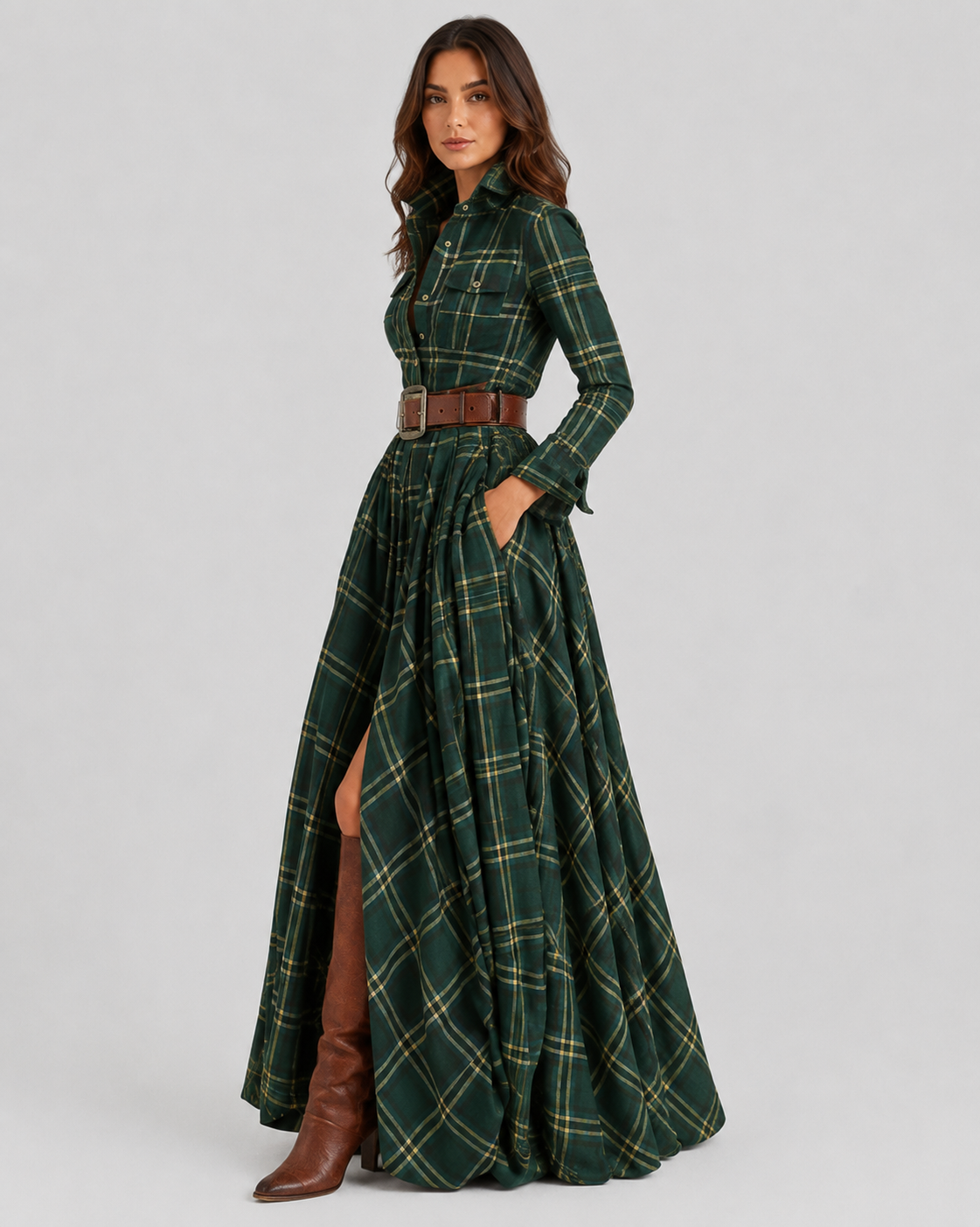 Womenโs Plaid Belted Shirt Maxi Dress by Klyne Studios featuring a button-front shirt design, adjustable belted waist, long maxi length, and relaxed fit in a soft plaid cotton-polyester blend.