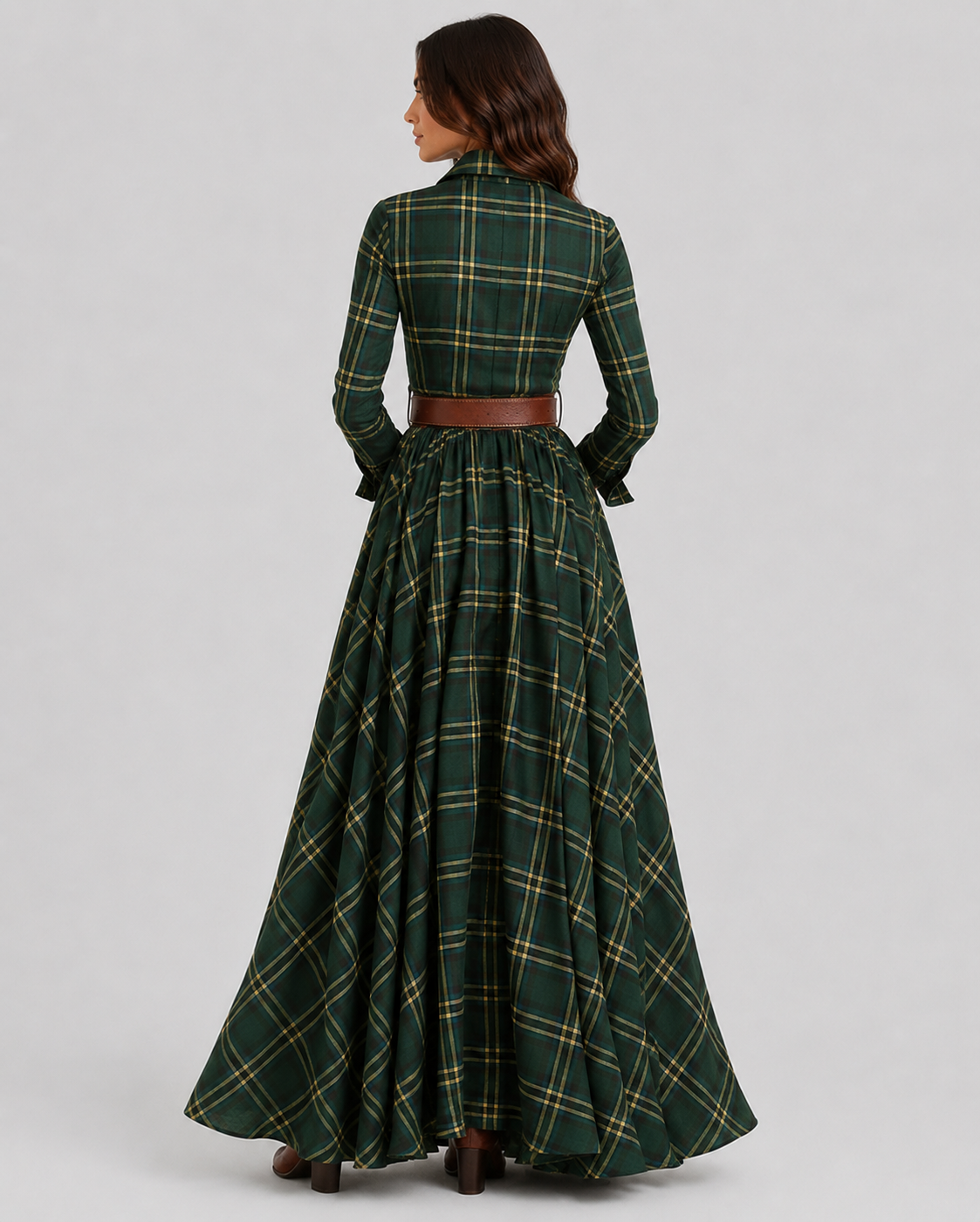 Womenโs Plaid Belted Shirt Maxi Dress by Klyne Studios featuring a button-front shirt design, adjustable belted waist, long maxi length, and relaxed fit in a soft plaid cotton-polyester blend.