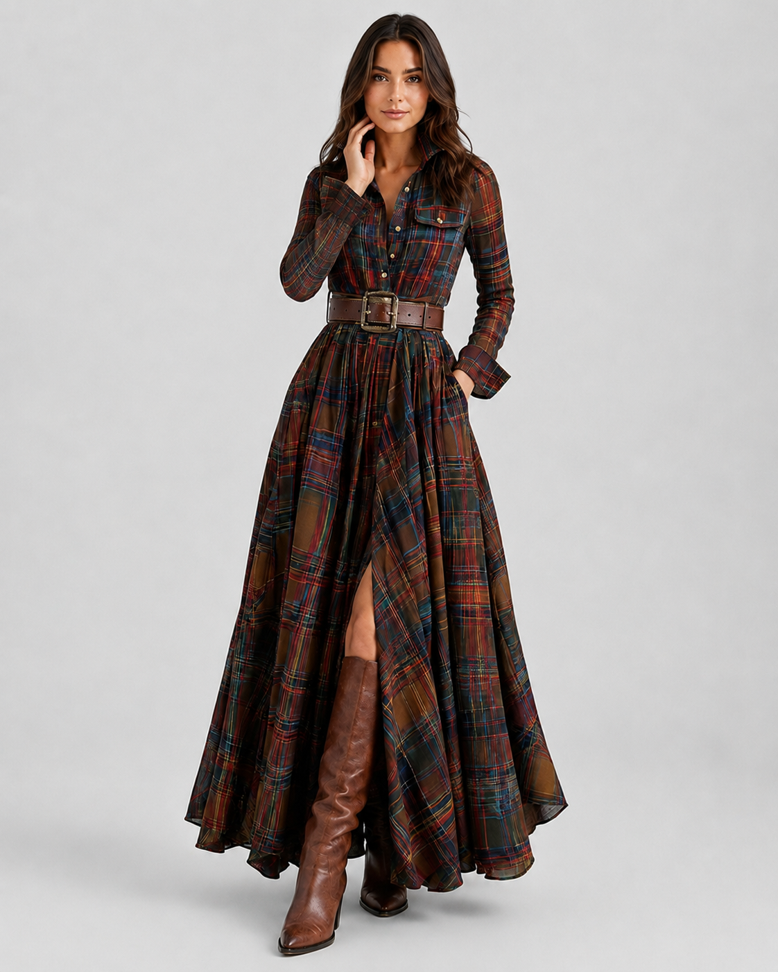 Womenโs Plaid Belted Shirt Maxi Dress by Klyne Studios featuring a button-front shirt design, adjustable belted waist, long maxi length, and relaxed fit in a soft plaid cotton-polyester blend.