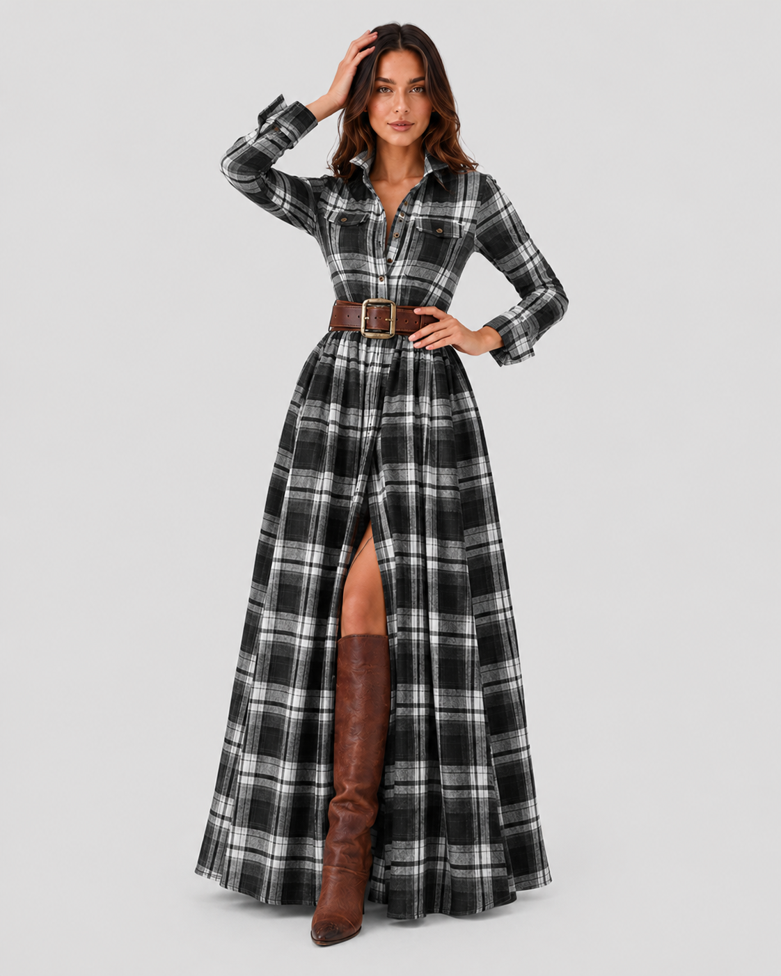 Womenโs Plaid Belted Shirt Maxi Dress by Klyne Studios featuring a button-front shirt design, adjustable belted waist, long maxi length, and relaxed fit in a soft plaid cotton-polyester blend.