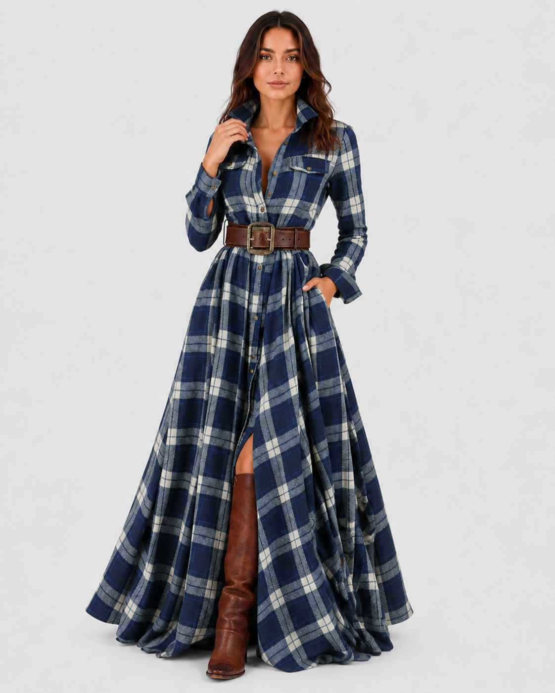 Womenโs Plaid Belted Shirt Maxi Dress by Klyne Studios featuring a button-front shirt design, adjustable belted waist, long maxi length, and relaxed fit in a soft plaid cotton-polyester blend.