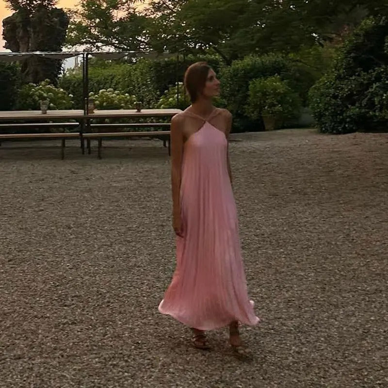 Women’s pleated halter neck maxi dress with open back