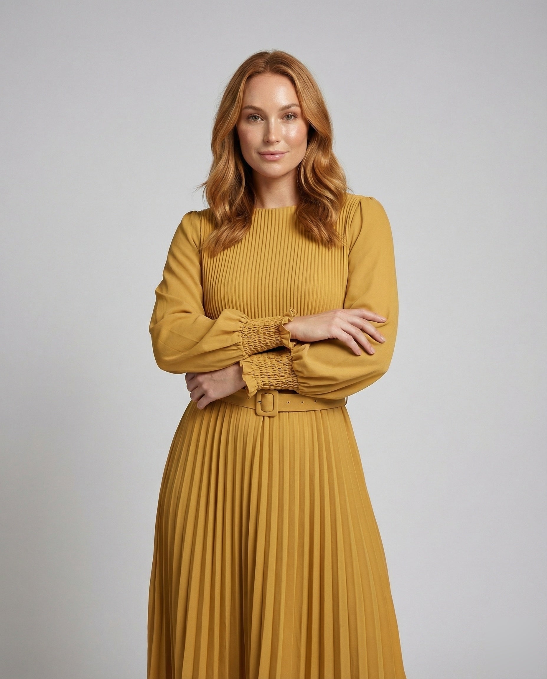 Women’s pleated maxi dress with balloon sleeves and detachable waist belt