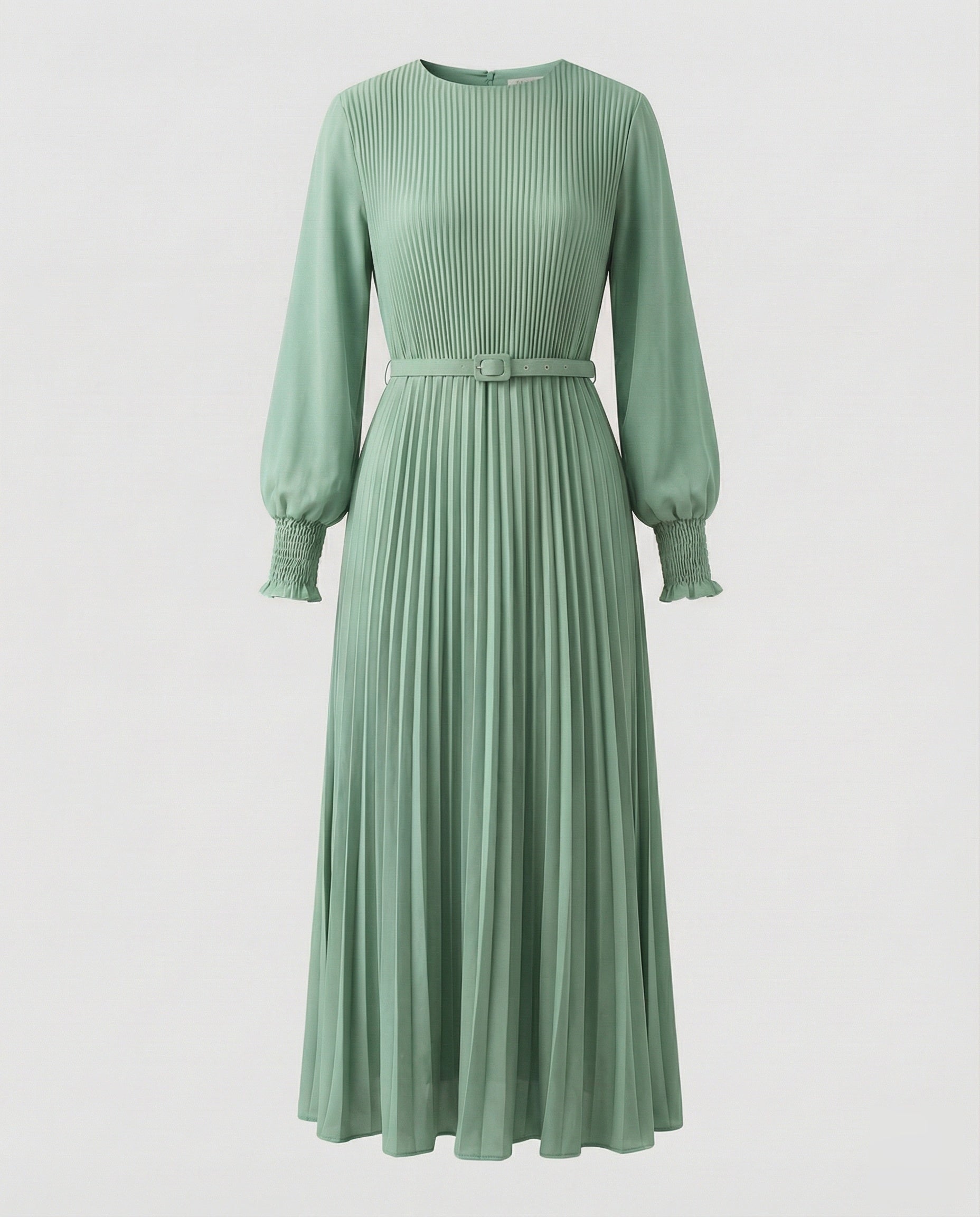 Women’s pleated maxi dress with balloon sleeves and detachable waist belt
