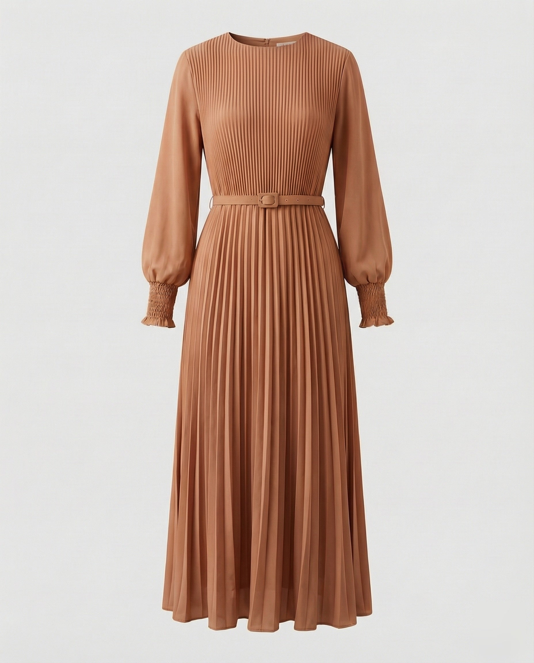 Women’s pleated maxi dress with balloon sleeves and detachable waist belt