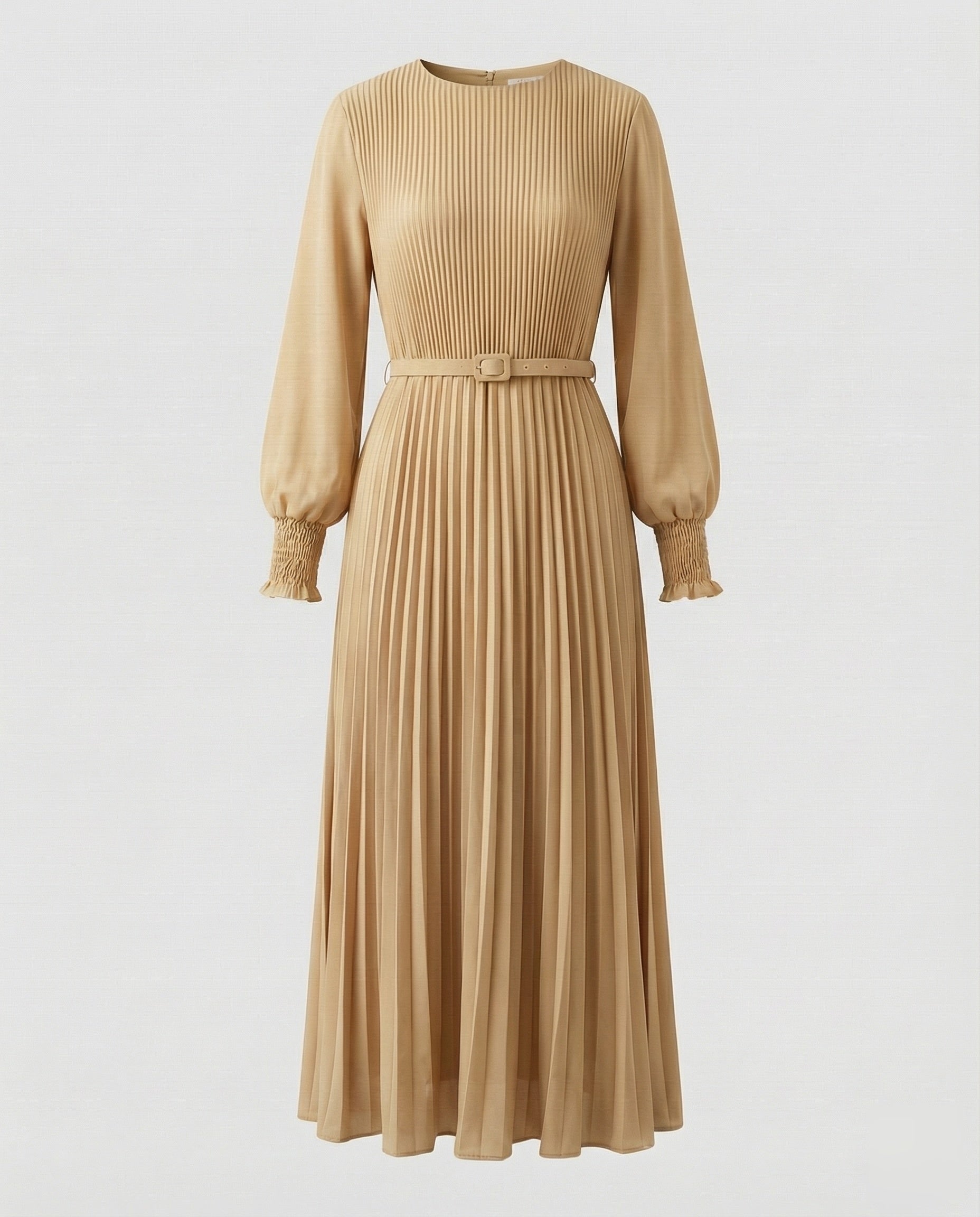 Women’s pleated maxi dress with balloon sleeves and detachable waist belt