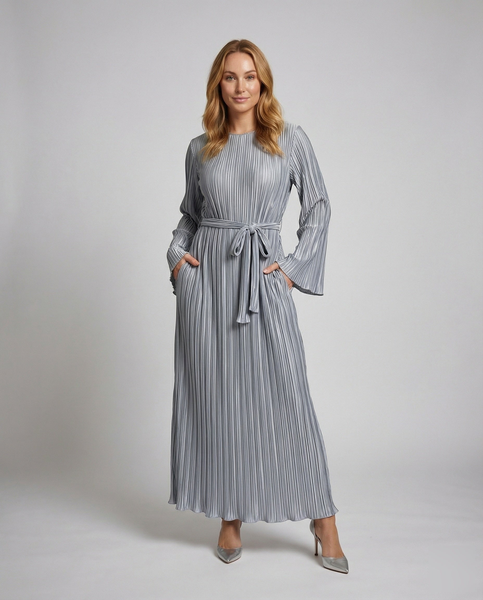 Women’s pleated maxi dress with tie belt and long sleeves