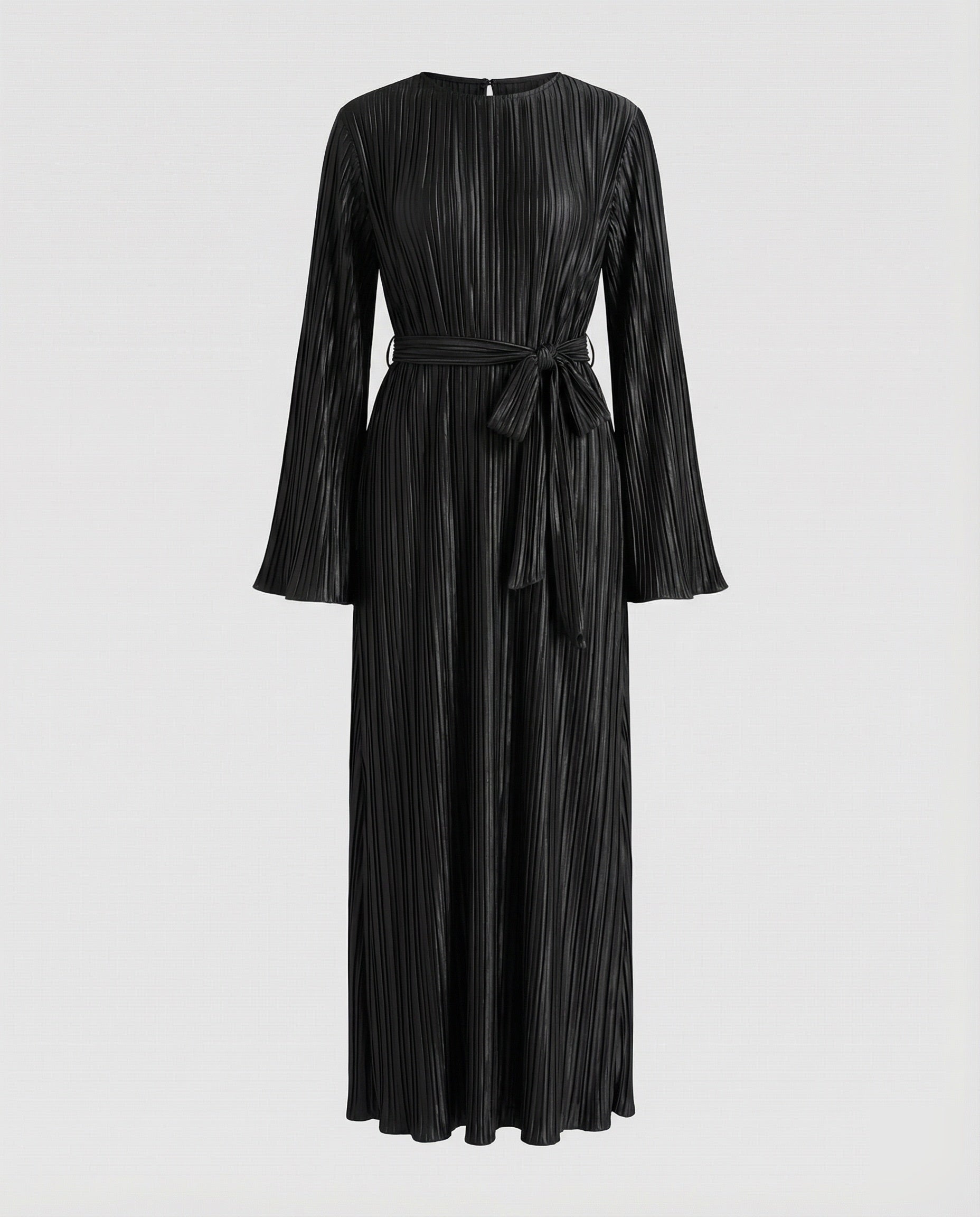 Women’s pleated maxi dress with tie belt and long sleeves