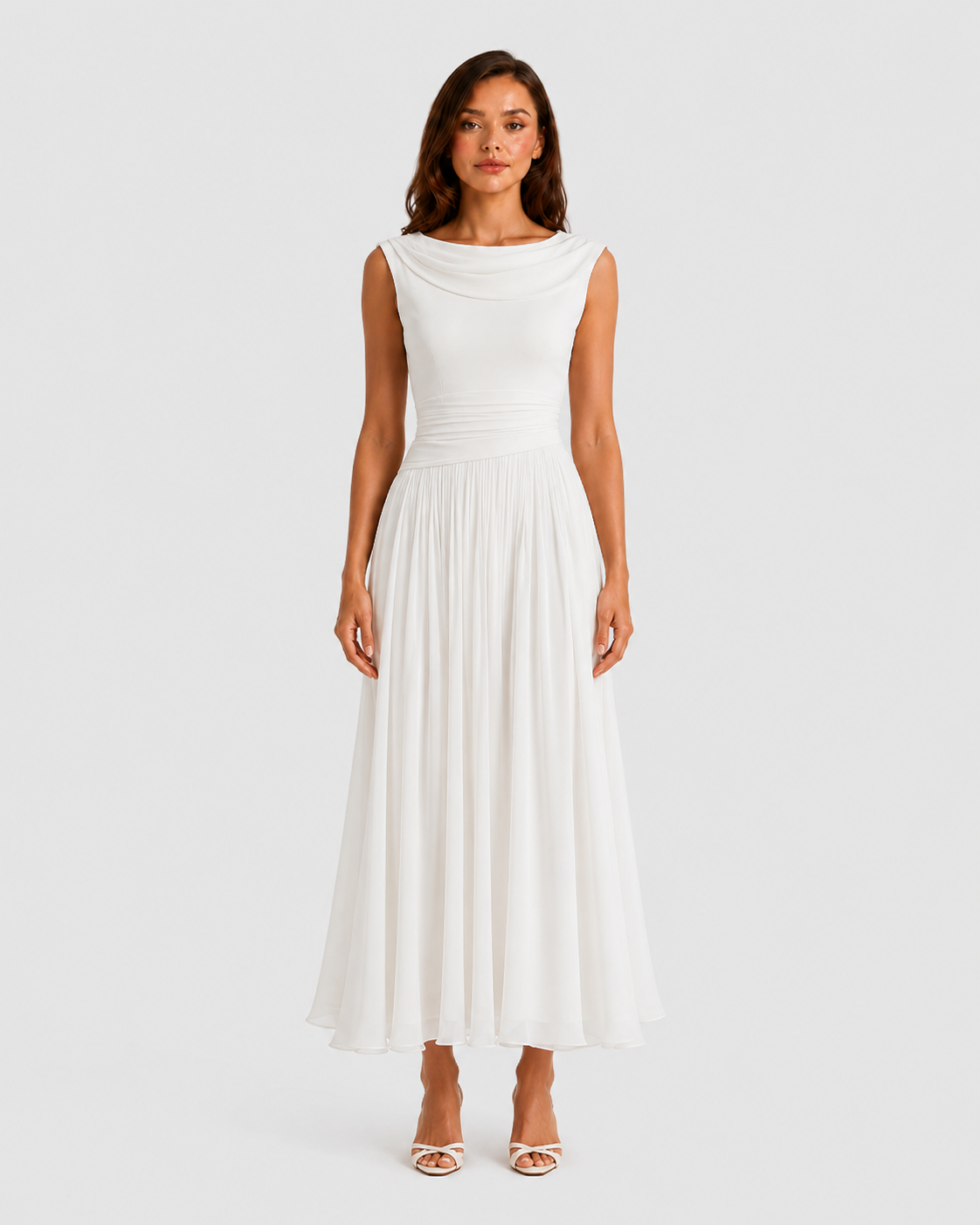 Women's pleated midi dress with an elegant draped neckline, sleeveless design, contoured waist, and flowing pleated skirt, ideal for weddings, formal events, and special occasions.