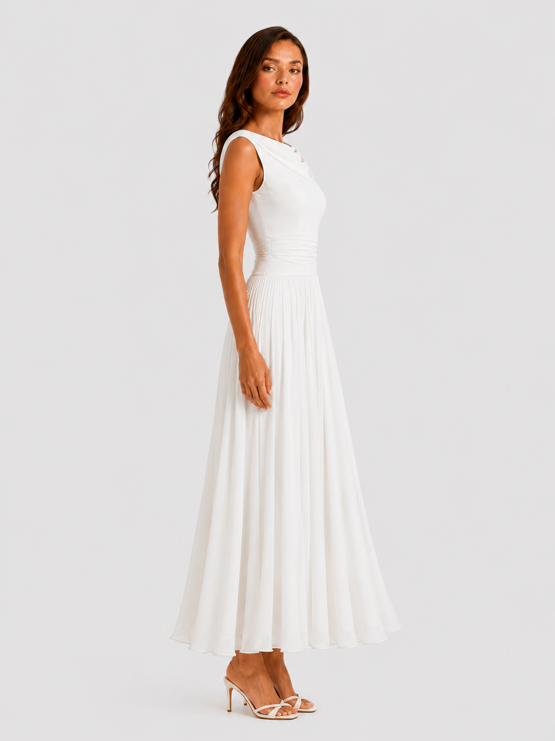 Women's pleated midi dress with an elegant draped neckline, sleeveless design, contoured waist, and flowing pleated skirt, ideal for weddings, formal events, and special occasions.