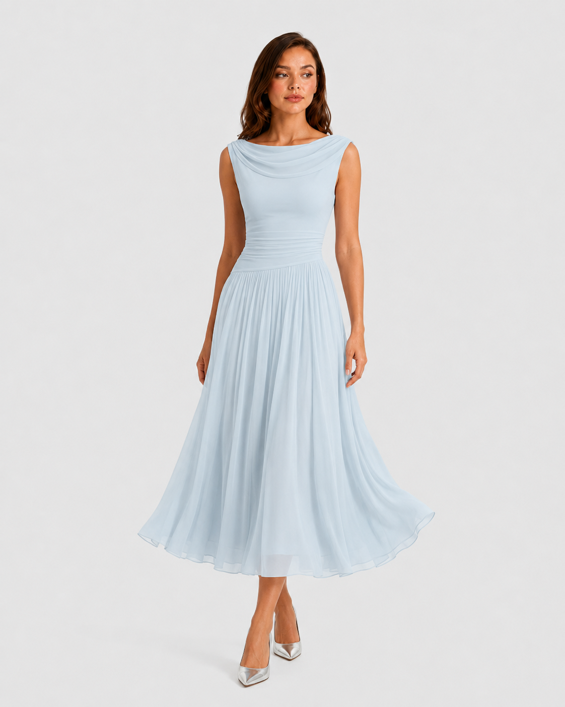 Women's pleated midi dress with an elegant draped neckline, sleeveless design, contoured waist, and flowing pleated skirt, ideal for weddings, formal events, and special occasions.