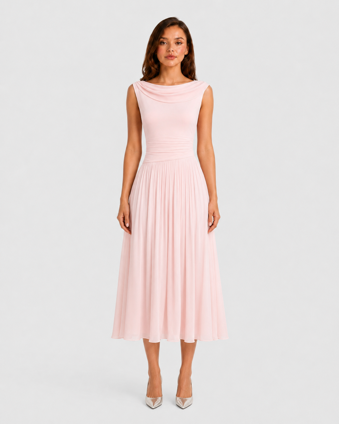 Women's pleated midi dress with an elegant draped neckline, sleeveless design, contoured waist, and flowing pleated skirt, ideal for weddings, formal events, and special occasions.