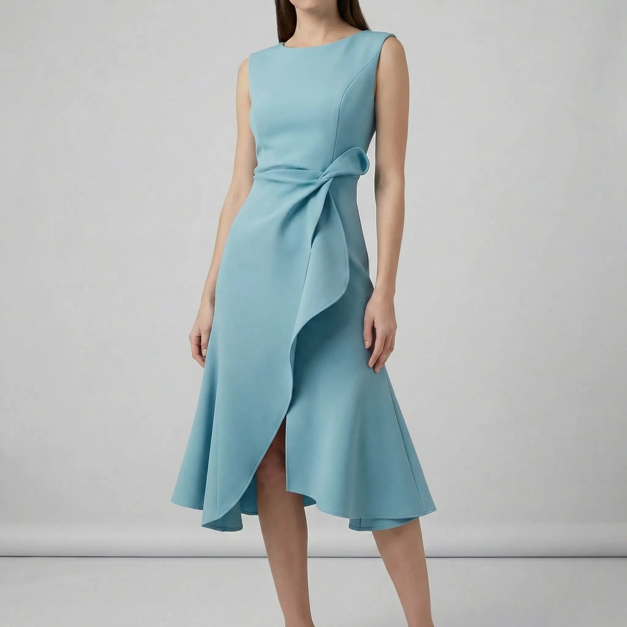 Women’s sleeveless pleated midi evening dress with tailored waist