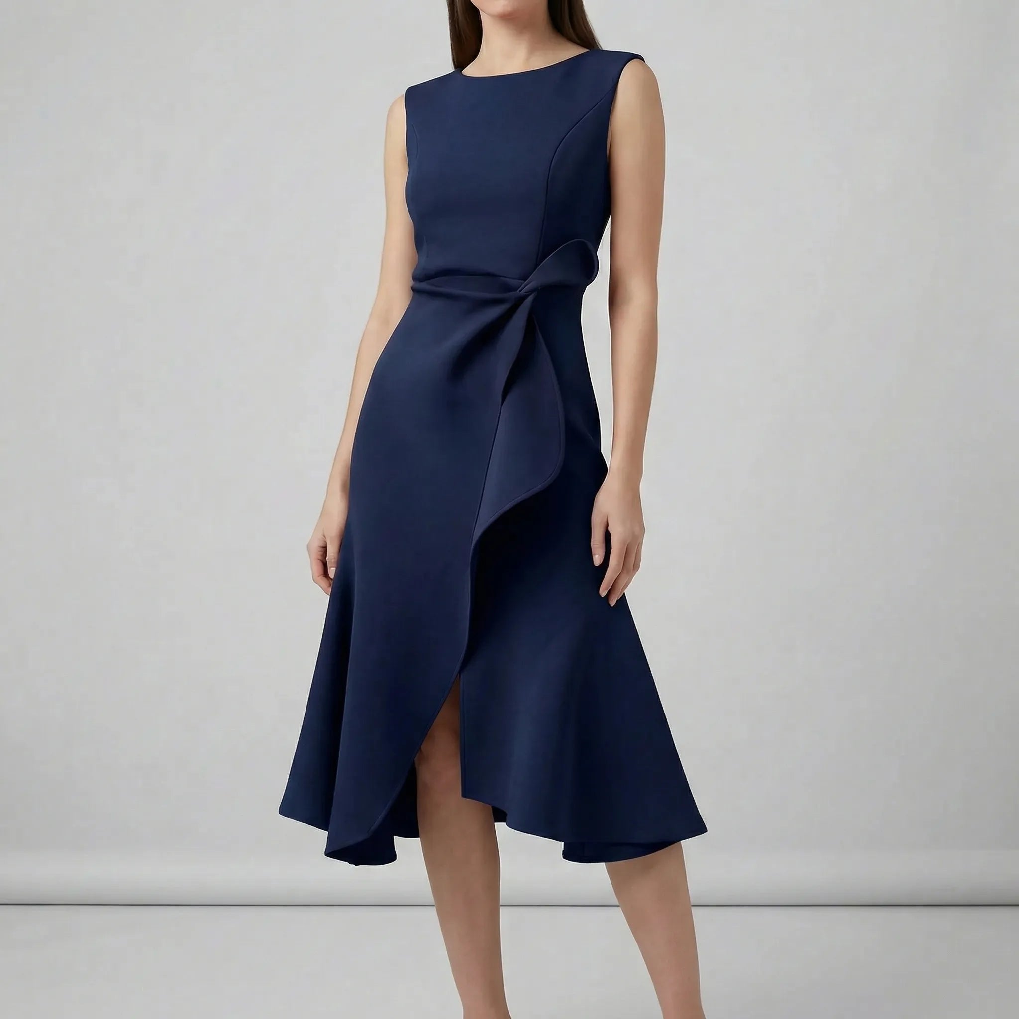 Women’s sleeveless pleated midi evening dress with tailored waist