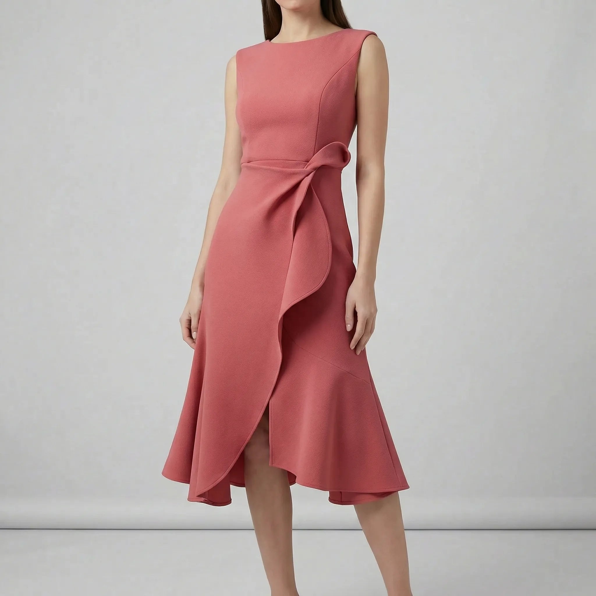 Women’s sleeveless pleated midi evening dress with tailored waist
