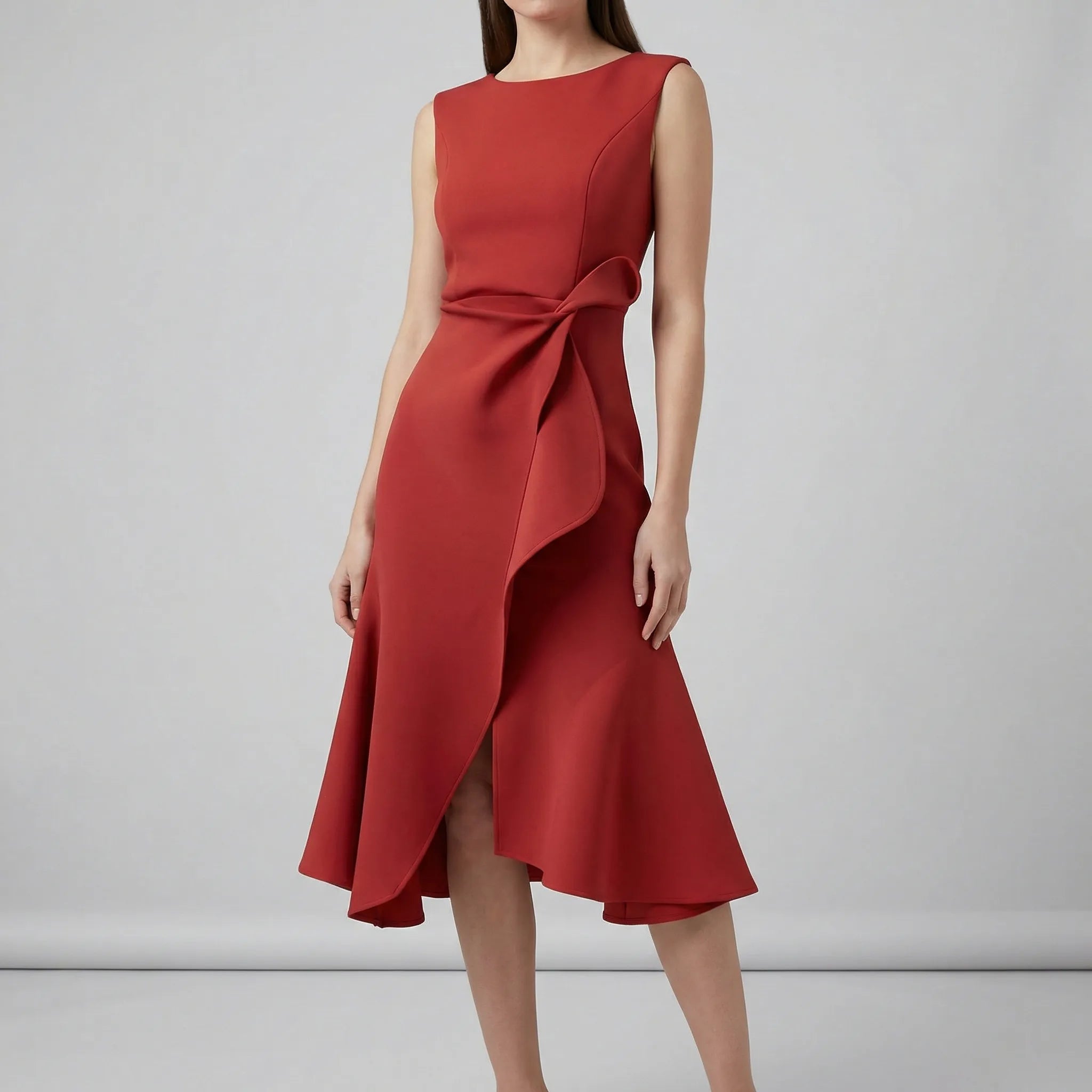 Women’s sleeveless pleated midi evening dress with tailored waist