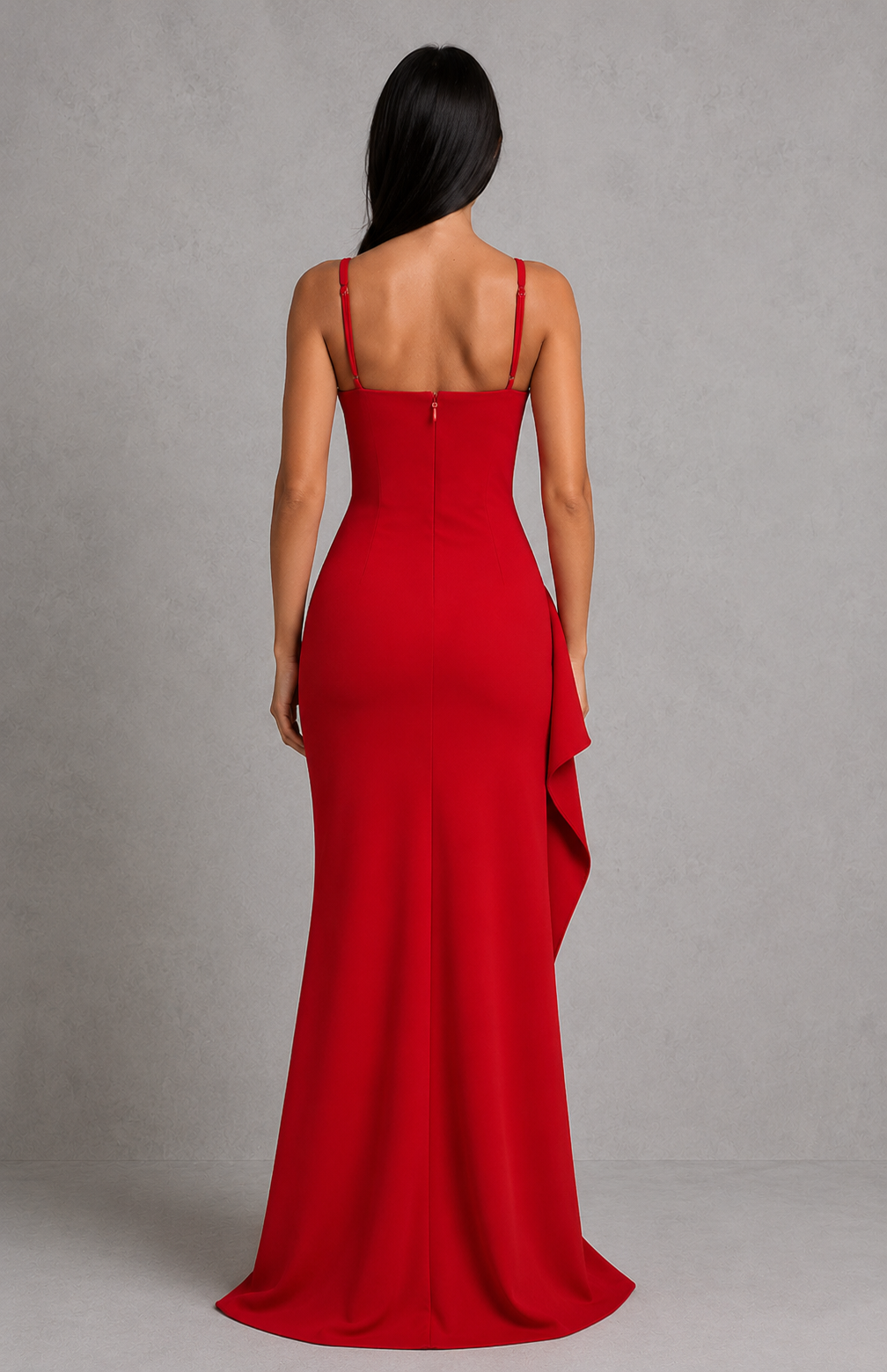 Womenโs plunge neck maxi dress in premium stretch crepe featuring a deep V neckline, adjustable straps, asymmetric pleated bodice, figure-hugging silhouette, and draped thigh-high split, designed for elegant evening and formal occasions.