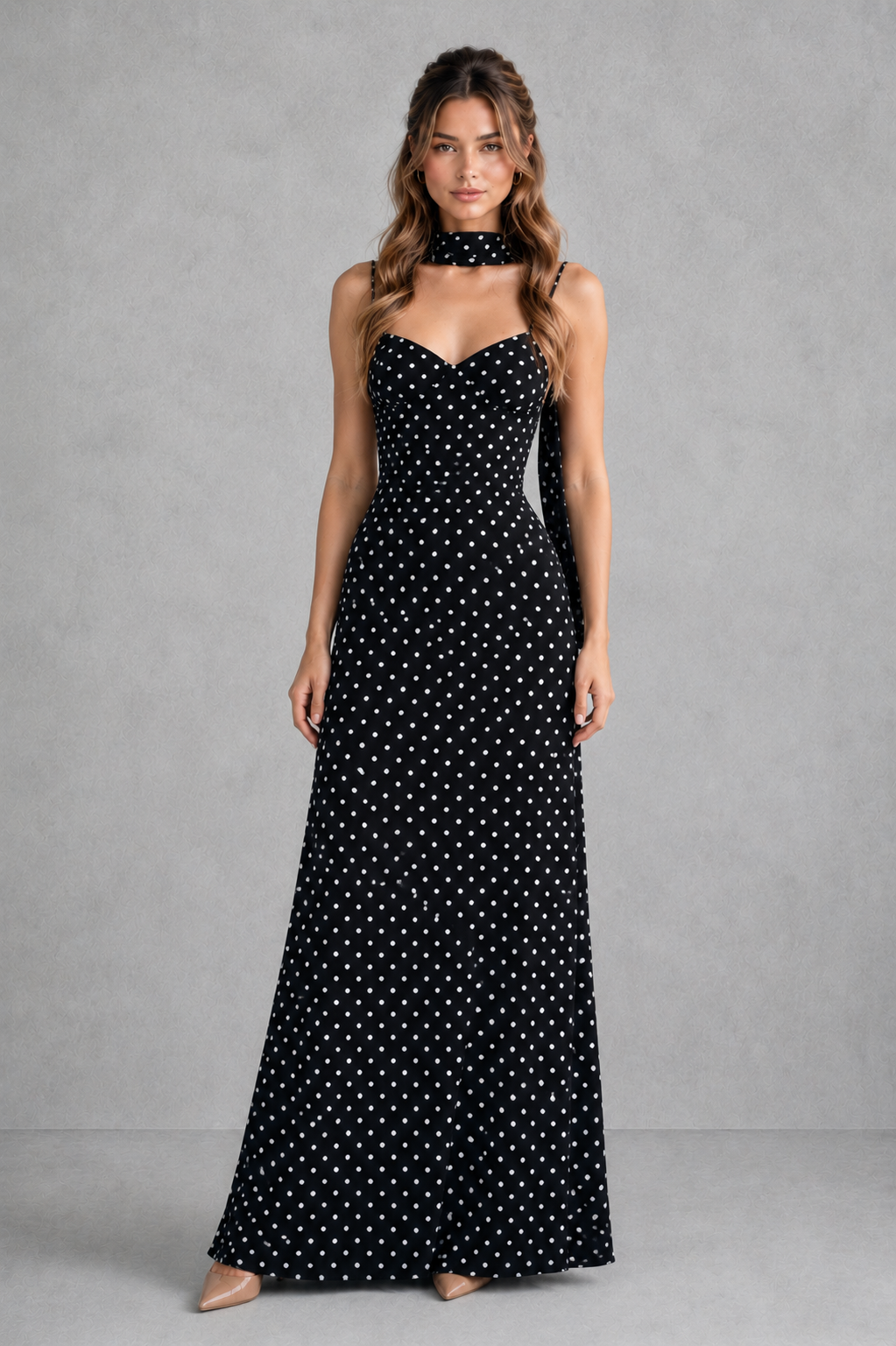 Women’s polka dot maxi dress with sweetheart neckline, adjustable straps, fitted bodice, flowing skirt, and matching scarf.