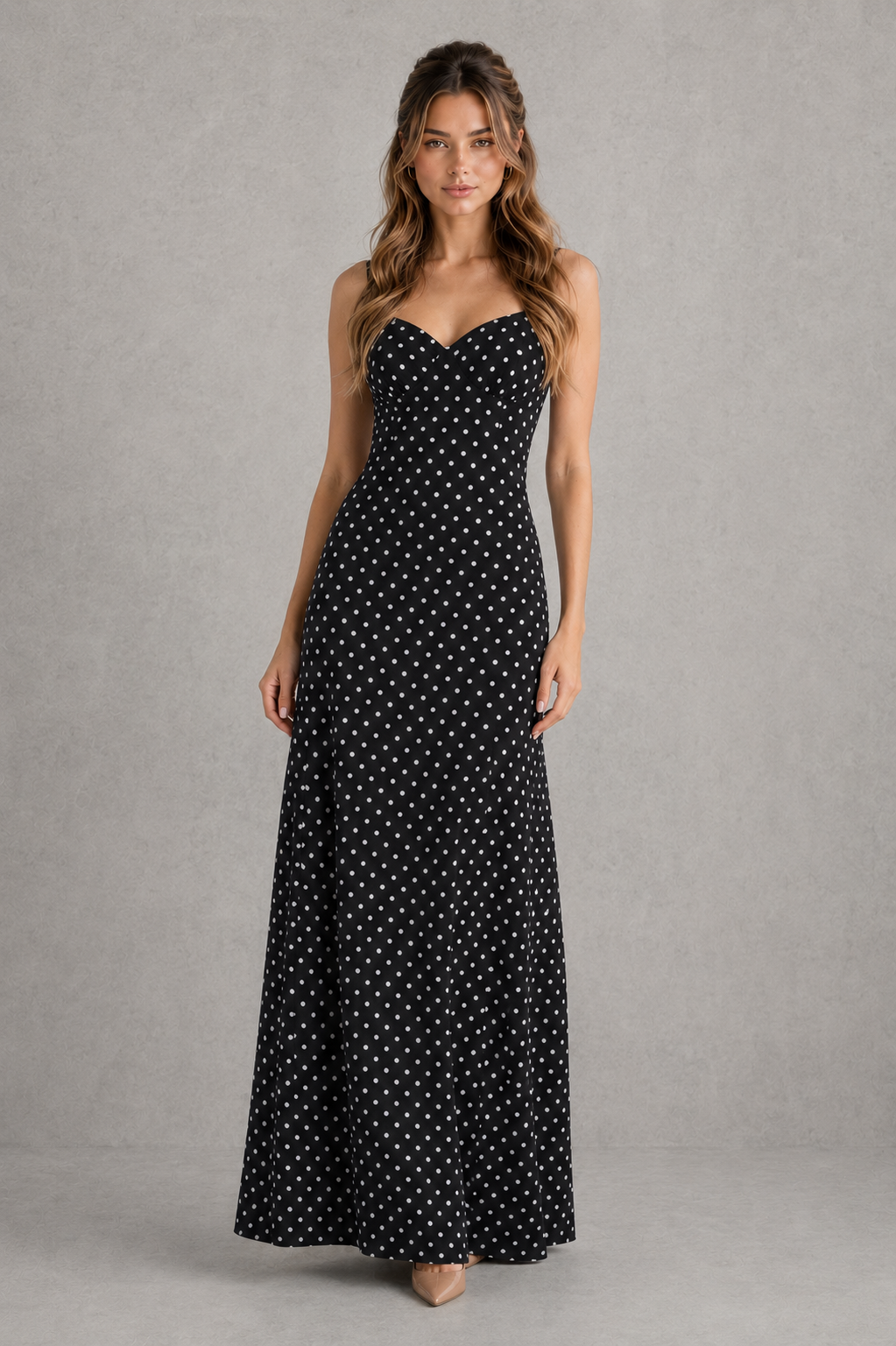 Women’s polka dot maxi dress with sweetheart neckline, adjustable straps, fitted bodice, flowing skirt, and matching scarf.