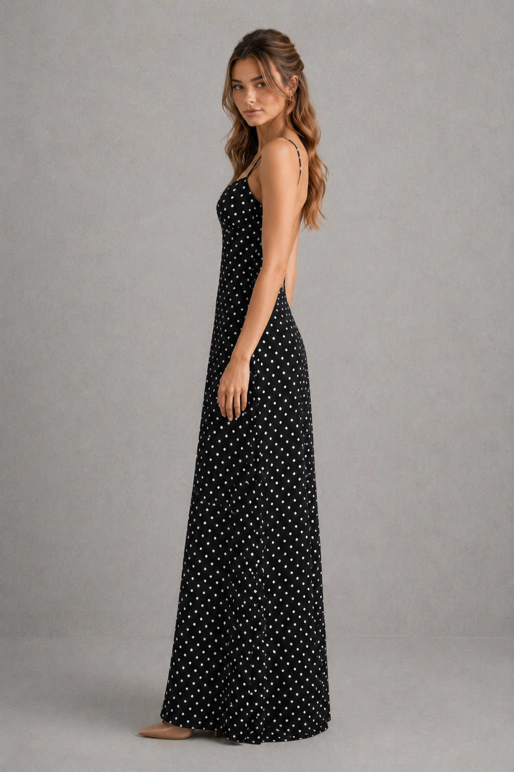 Women’s polka dot maxi dress with sweetheart neckline, adjustable straps, fitted bodice, flowing skirt, and matching scarf.