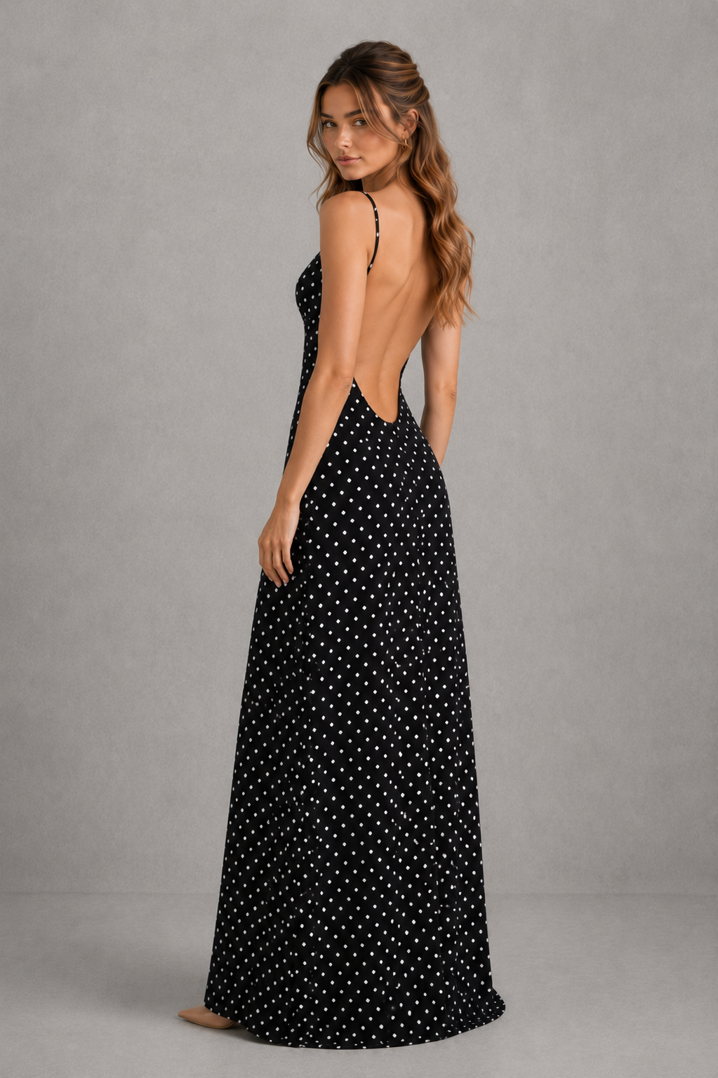 Women’s polka dot maxi dress with sweetheart neckline, adjustable straps, fitted bodice, flowing skirt, and matching scarf.