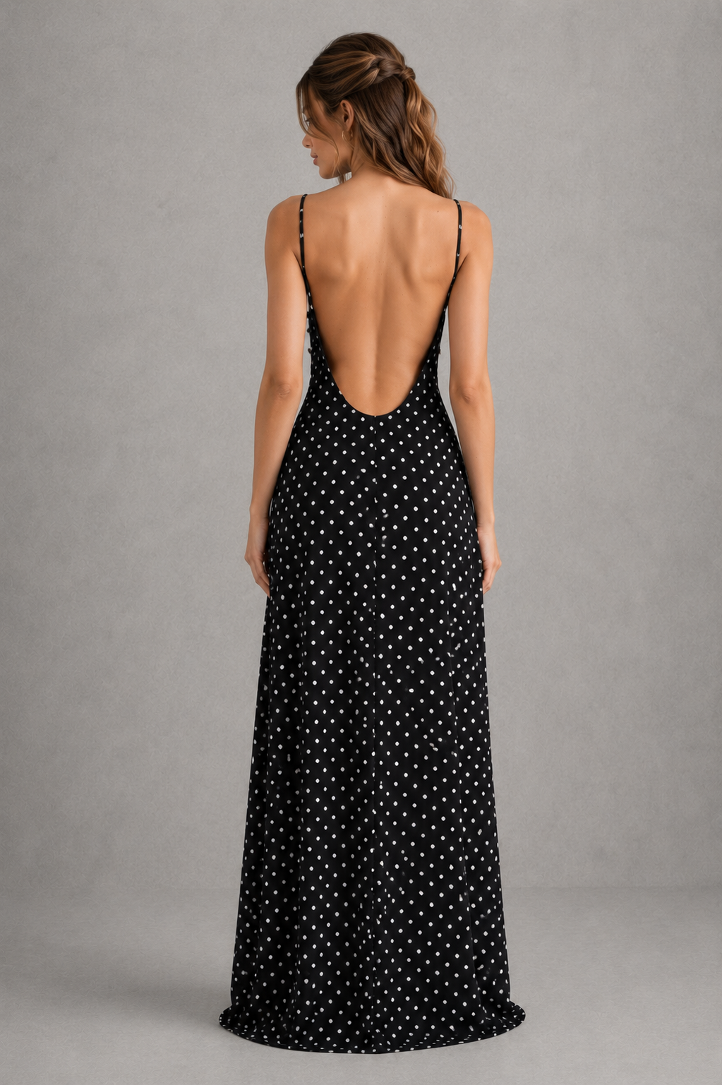 Women’s polka dot maxi dress with sweetheart neckline, adjustable straps, fitted bodice, flowing skirt, and matching scarf.