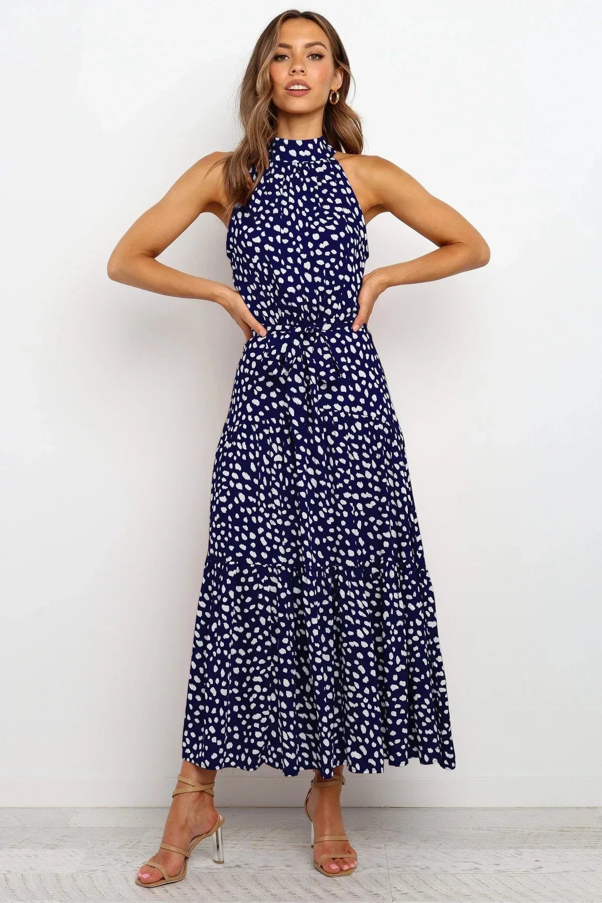 Womenโs polka dot maxi summer dress with lightweight flowy fit for casual and beach wear