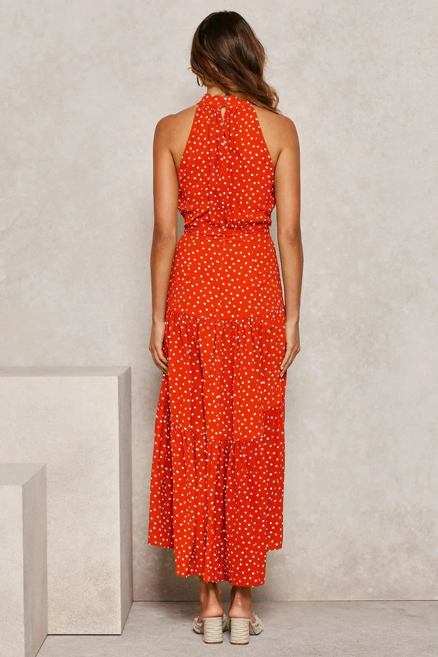 Womenโs polka dot maxi summer dress with lightweight flowy fit for casual and beach wear