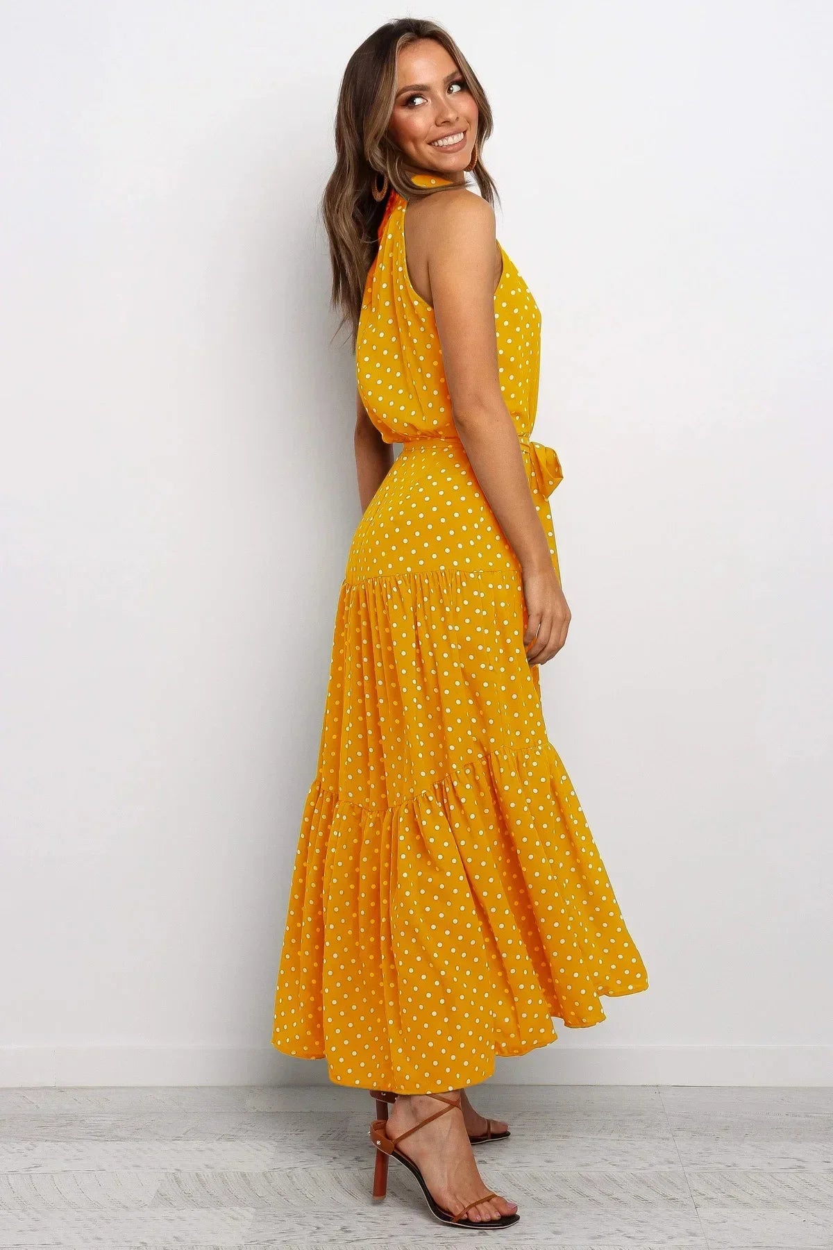 Womenโs polka dot maxi summer dress with lightweight flowy fit for casual and beach wear
