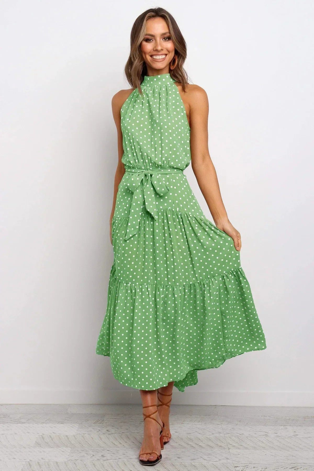 Womenโs polka dot maxi summer dress with lightweight flowy fit for casual and beach wear