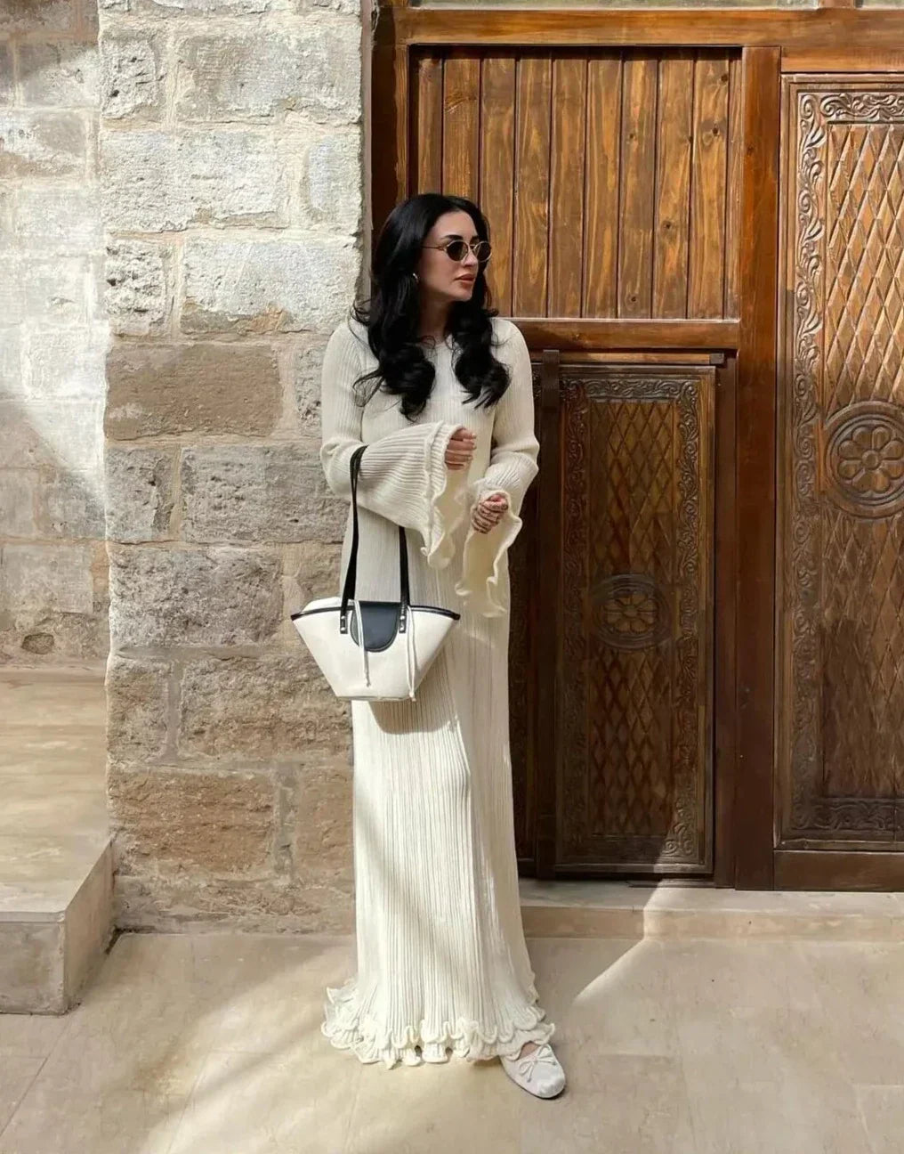 Women's polyester maxi dress with V-neck and flowing relaxed fit