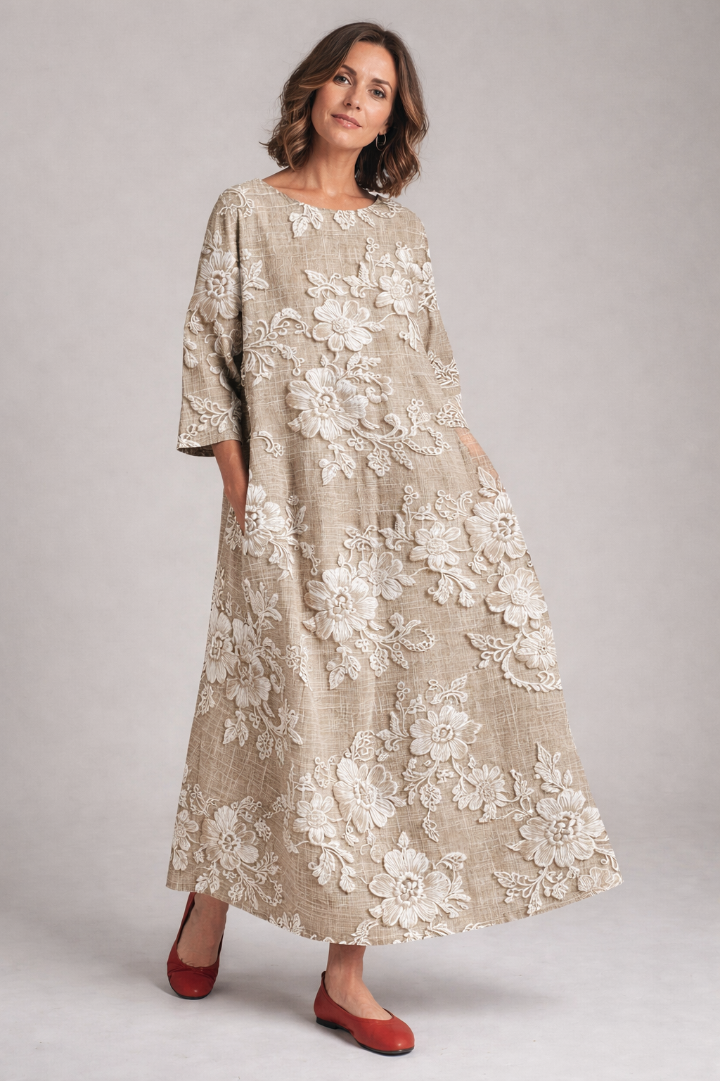 Women’s floral printed maxi dress with 3/4 sleeves and flowing fit