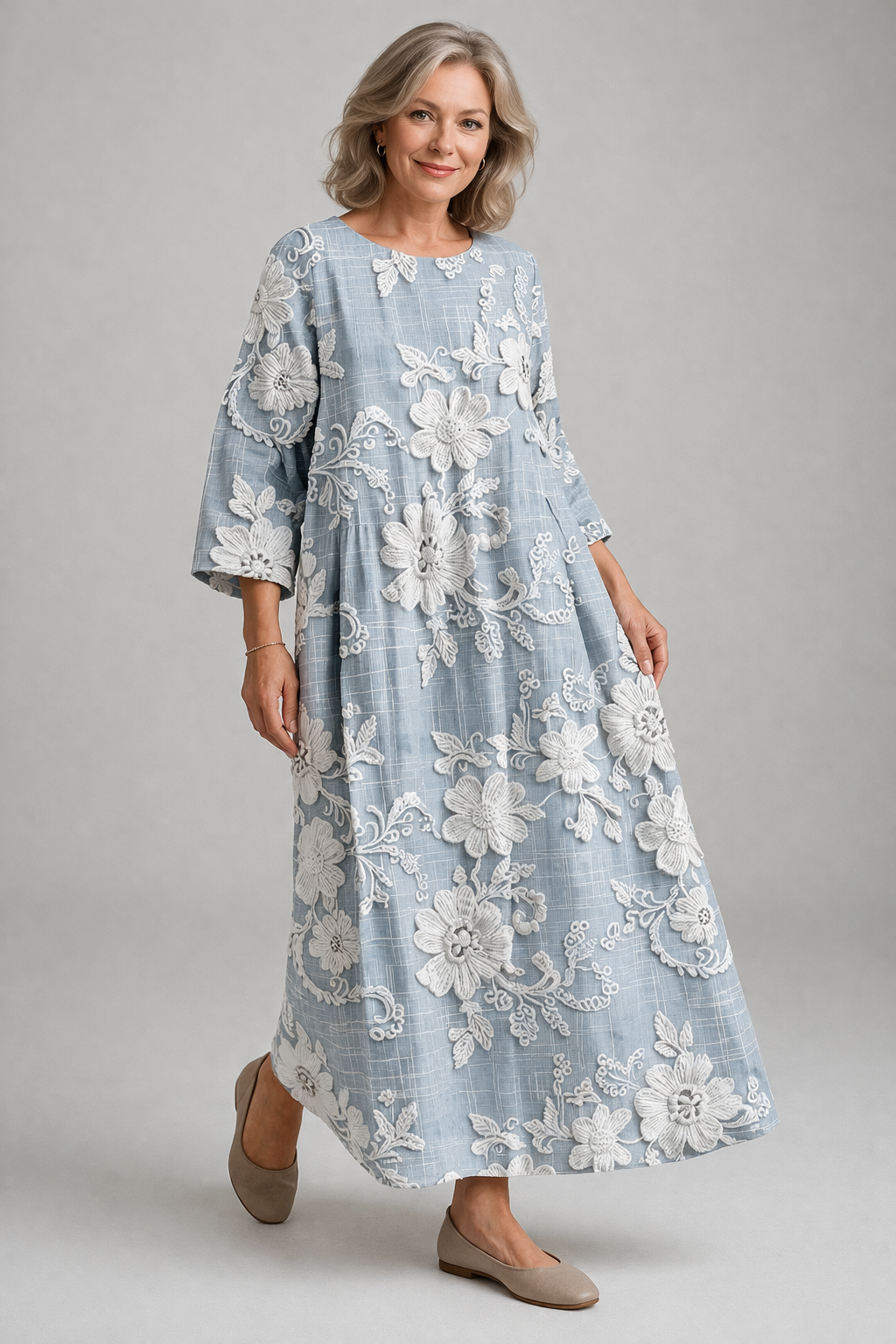 Women’s floral printed maxi dress with 3/4 sleeves and flowing fit