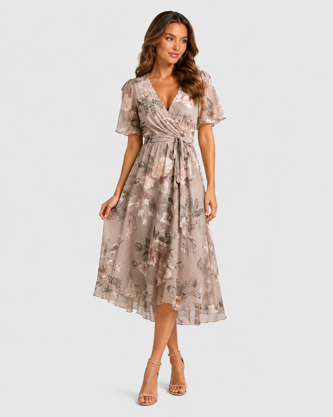 Women's printed midi dress with a V-neckline, softly defined waist, and flowing asymmetric hem, featuring a vibrant all-over print for summer and casual wear.