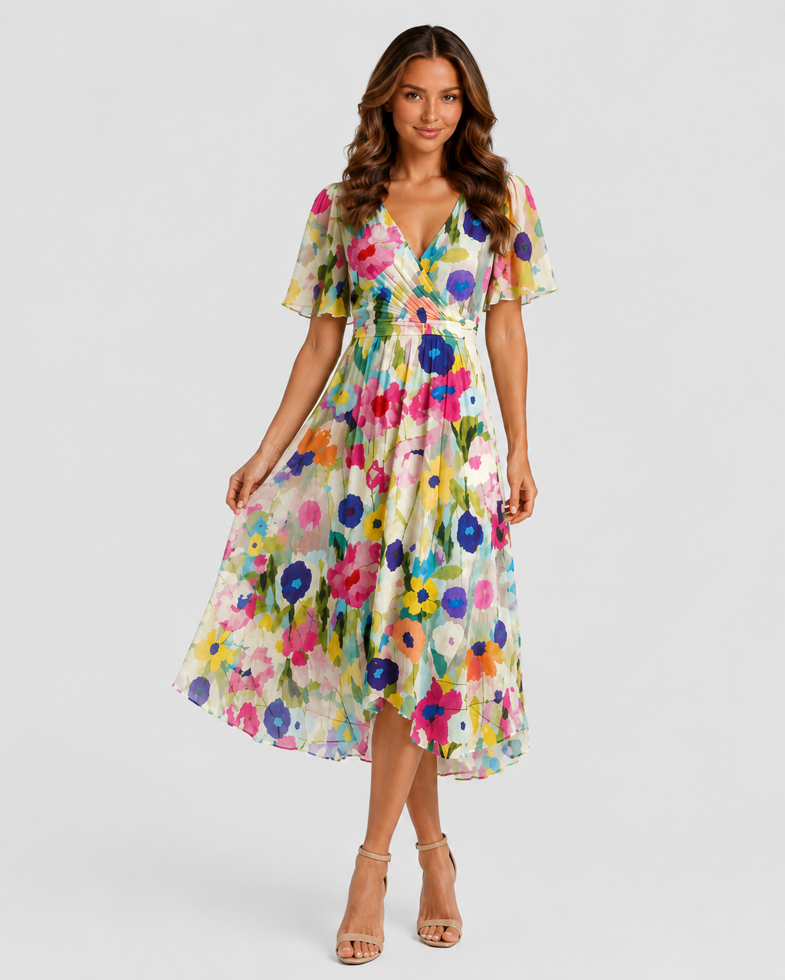 Women's printed midi dress with a V-neckline, softly defined waist, and flowing asymmetric hem, featuring a vibrant all-over print for summer and casual wear.