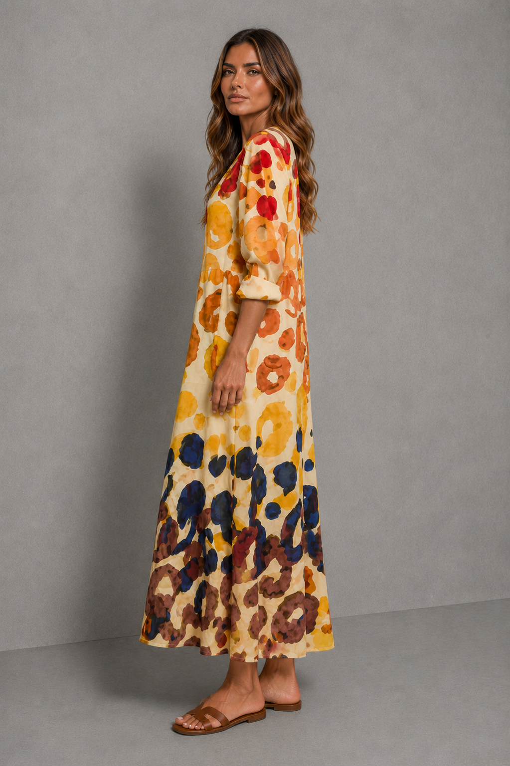 Womenโs printed shirt dress with button-front design, soft collar, relaxed flowing fit and artistic all-over print.