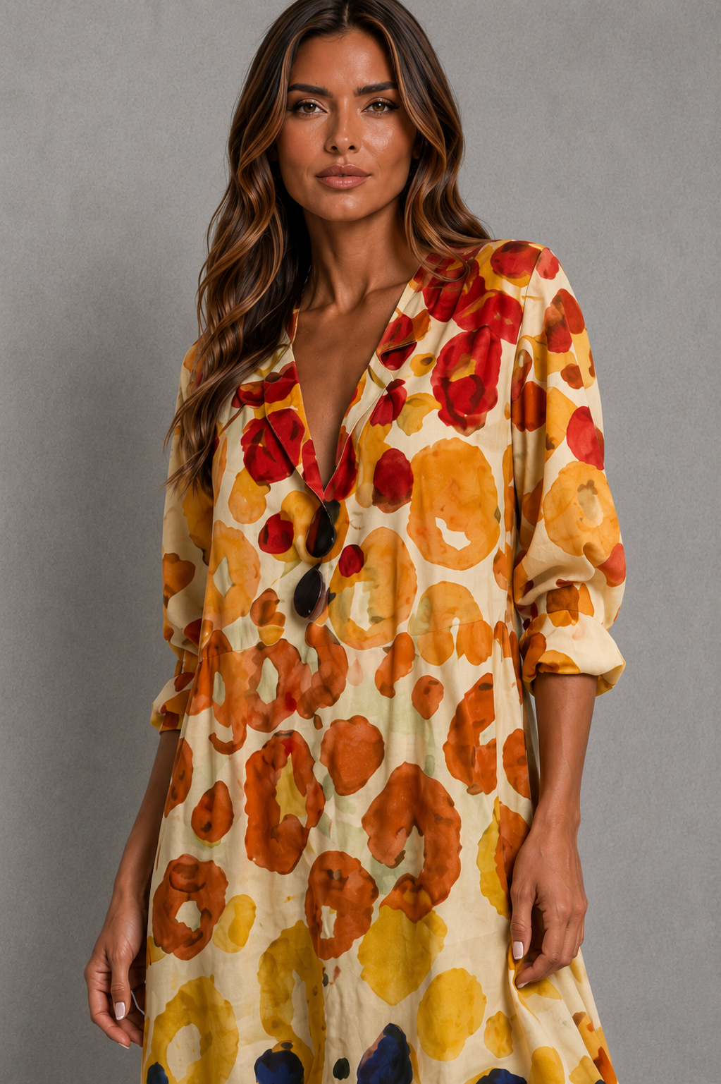Womenโs printed shirt dress with button-front design, soft collar, relaxed flowing fit and artistic all-over print.